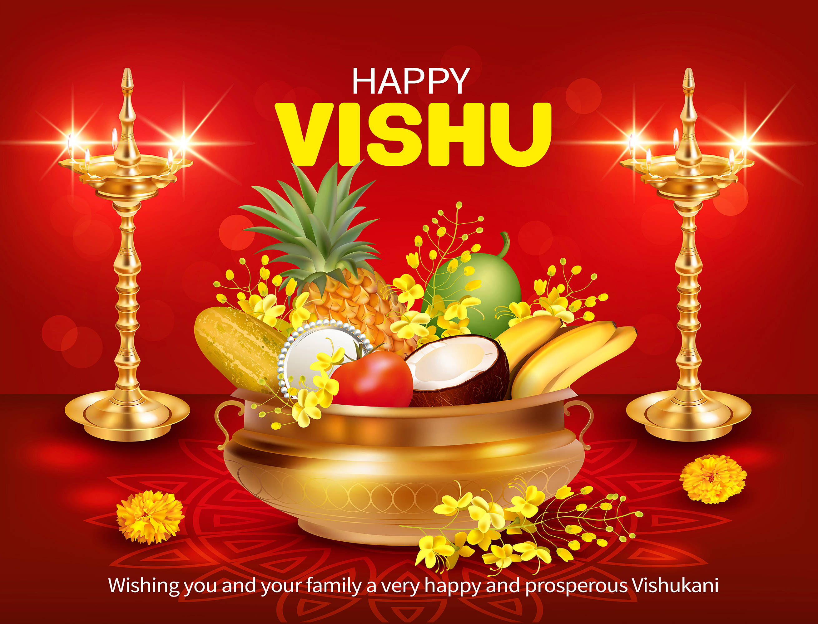 Vishu 桌布 壁紙 — 一個喜慶的維舒祝福，金色迪亞燈在一個裝滿熱帶水果和黃色花朵的碗旁閃耀，背景是濃郁的紅色。