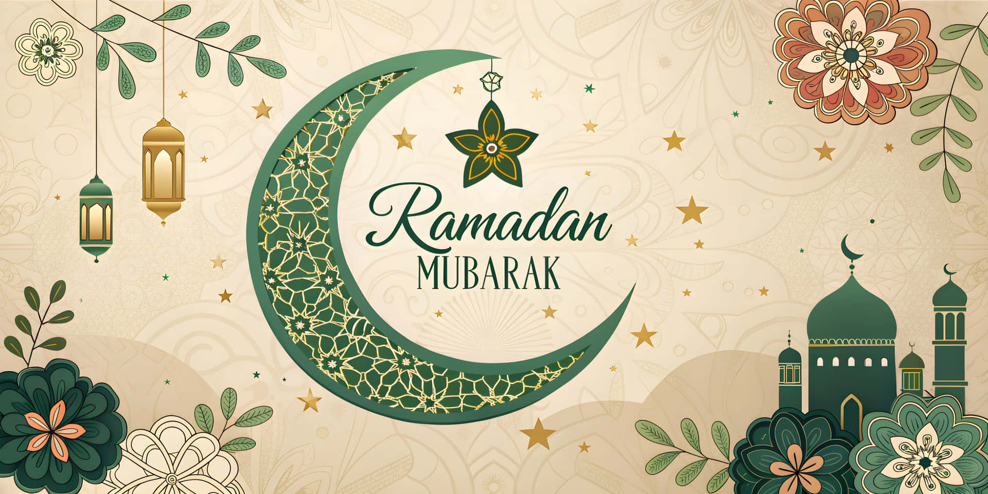 Beautiful colourful background of ramadan mubarak greeting card 壁紙 — 一個喜慶的齋戒月祝福，以米色背景襯托，展示了一個帶有複雜圖案的綠色新月，周圍環繞著懸掛的燈籠、清真寺和花卉圖案。