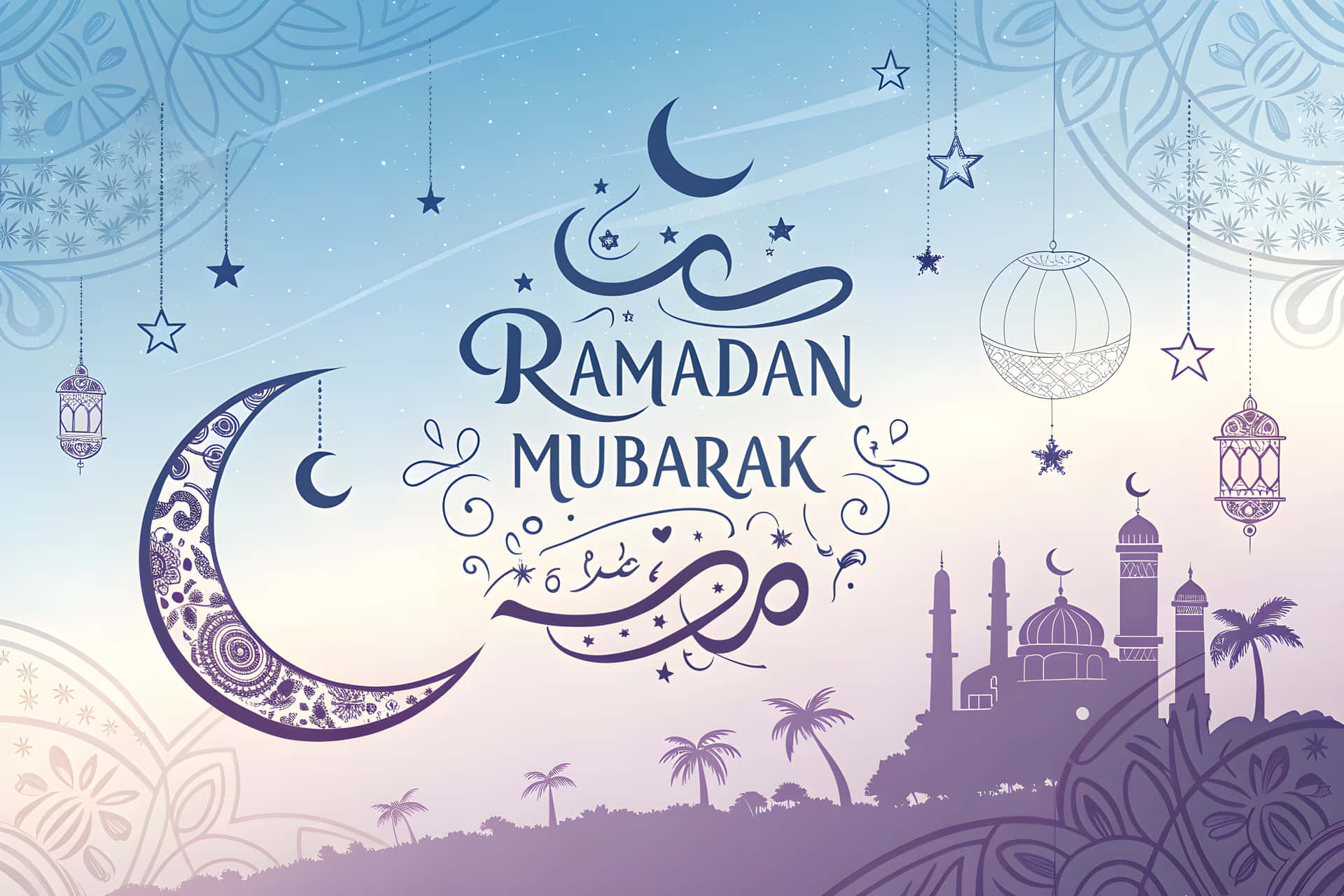 Ramadan Mobarak greeting card 壁紙 — 一個喜慶的齋戒月祝福，新月、燈籠、星星和清真寺剪影映襯在暮色天空下。