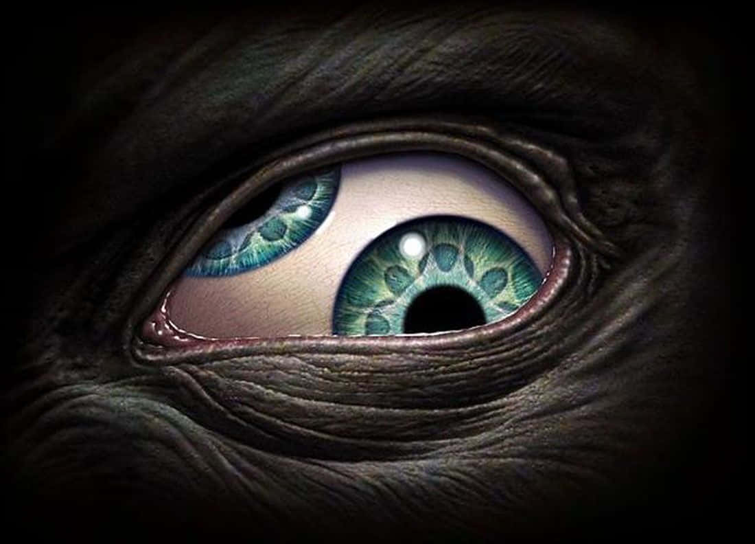 恐怖動圖 桌布 壁紙 — 一個單一外星人眼睛的特寫，帶有複雜的綠色圖案和深色皮膚上的深層皺紋。
