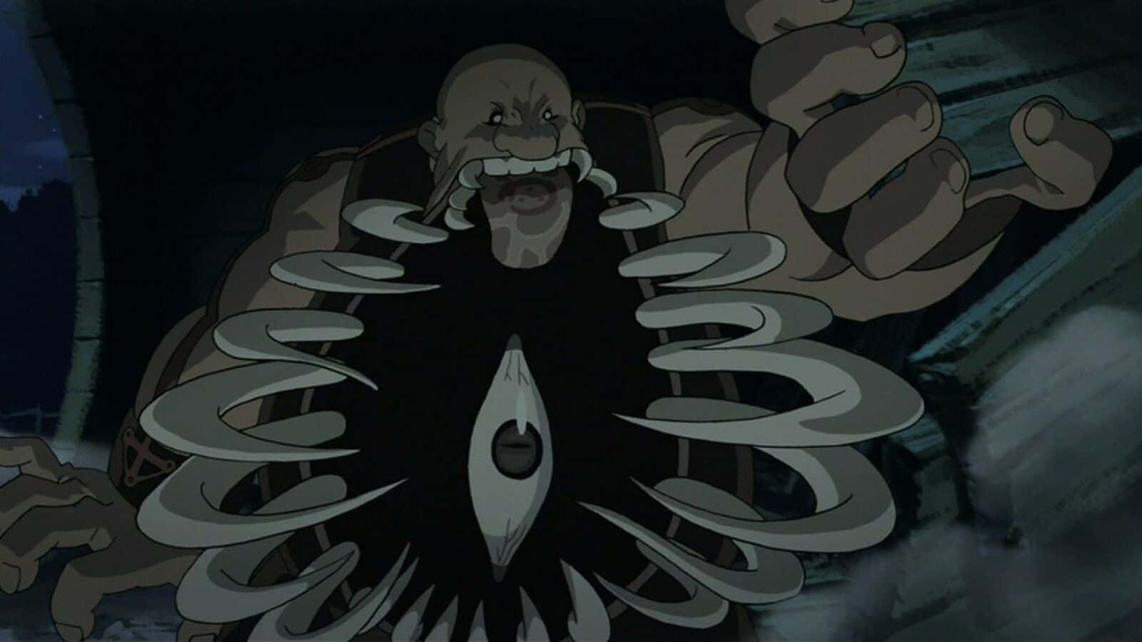 Fullmetal Alchemist Gluttony 桌布 壁紙 — 一個單眼、灰色觸手纏繞的威脅性動漫巨人在黑暗陰影環境中咆哮。
