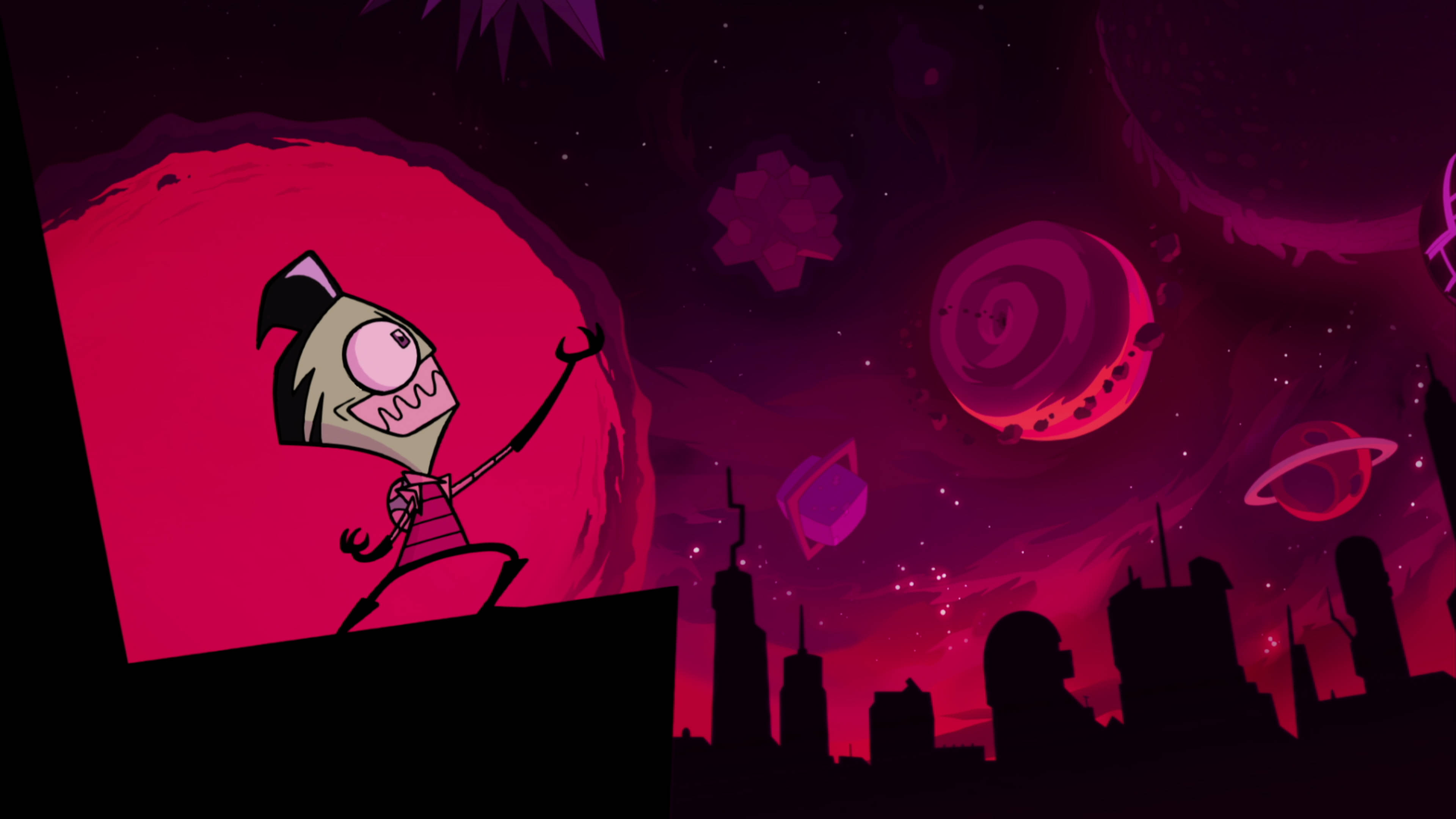 Invader Zim 桌布 壁紙 — 一個單眼、牙齒參差不齊的卡通角色站在建築物頂部，背景是超現實的紫色和粉紅色宇宙天空，有漂浮的行星和城市天際線。