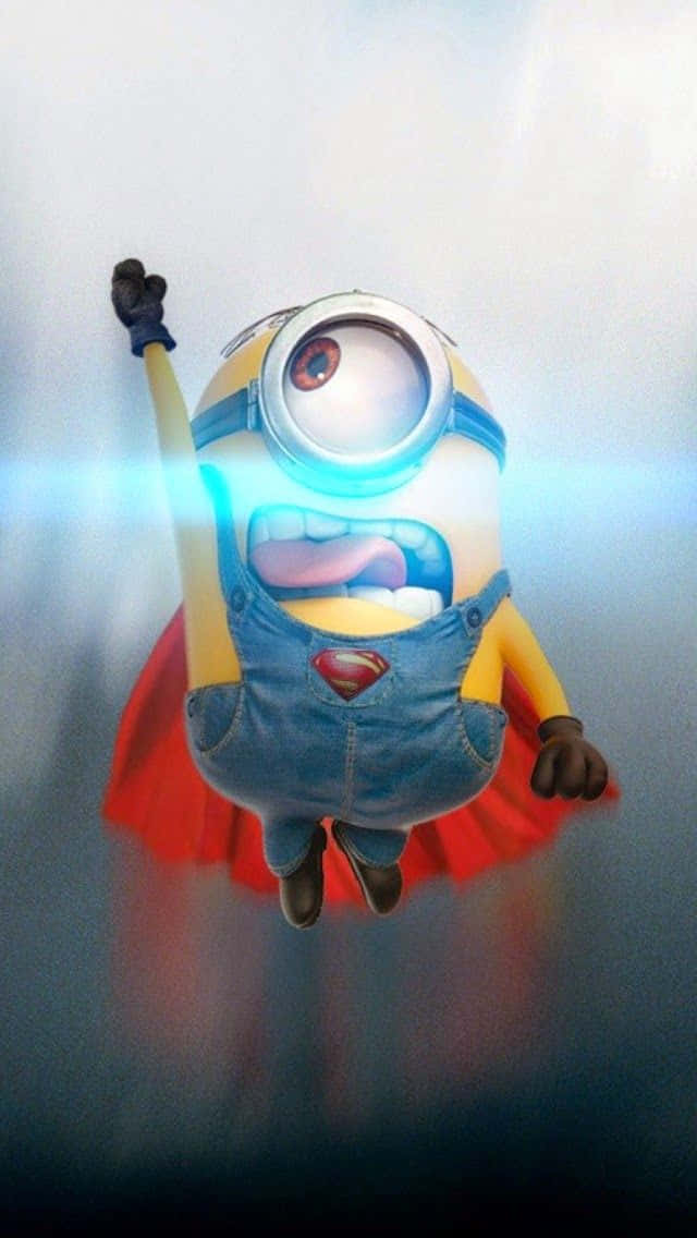 搞笑 桌布 壁紙 — 一個單眼黃色Minion穿著牛仔吊帶褲和紅色披風，帶著發光的藍色能量和興奮的表情向上飛。