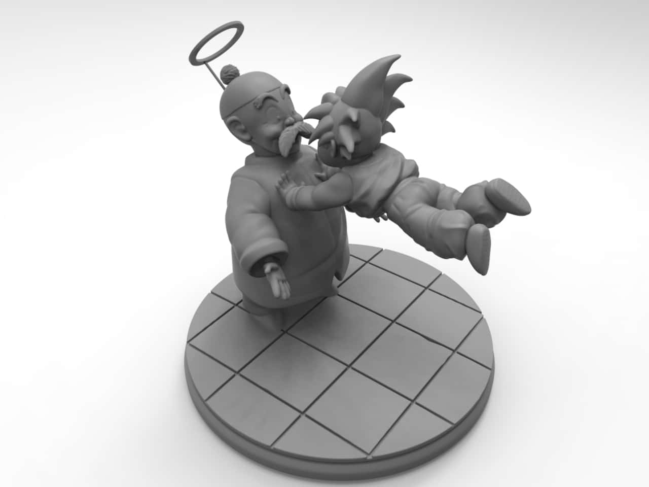 Grandpa Gohan 桌布 壁紙 — 一個單色3D列印公仔展示一個有鬍鬚、帶光環的男人，在瓷磚底座上以動態姿勢抱著一個頭髮尖尖的小孩。