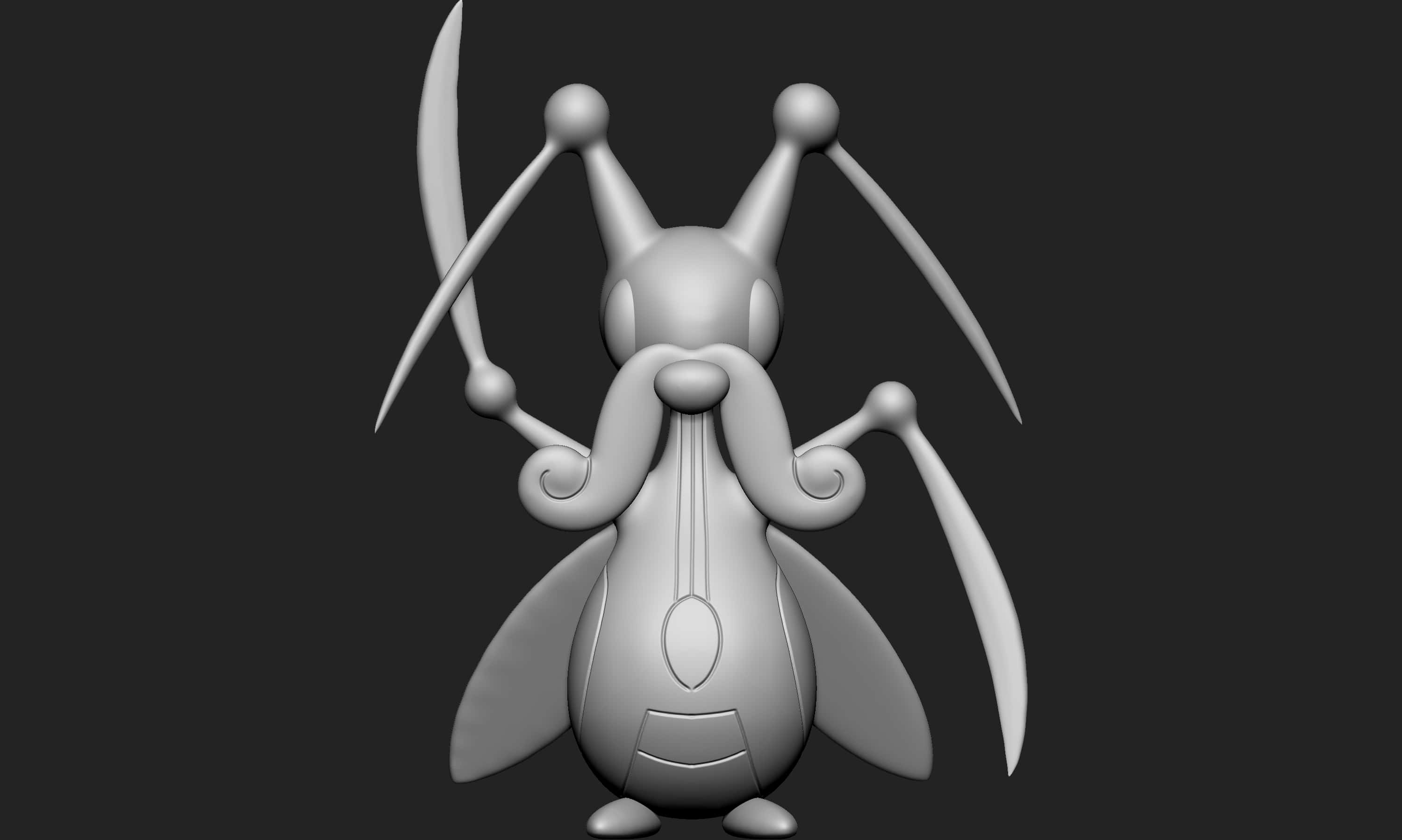 任天堂 桌布 壁紙 — 一個單色3D渲染模型，描繪一個風格化的昆蟲狀生物，帶有長彎曲的刀片和觸角，背景為深色。