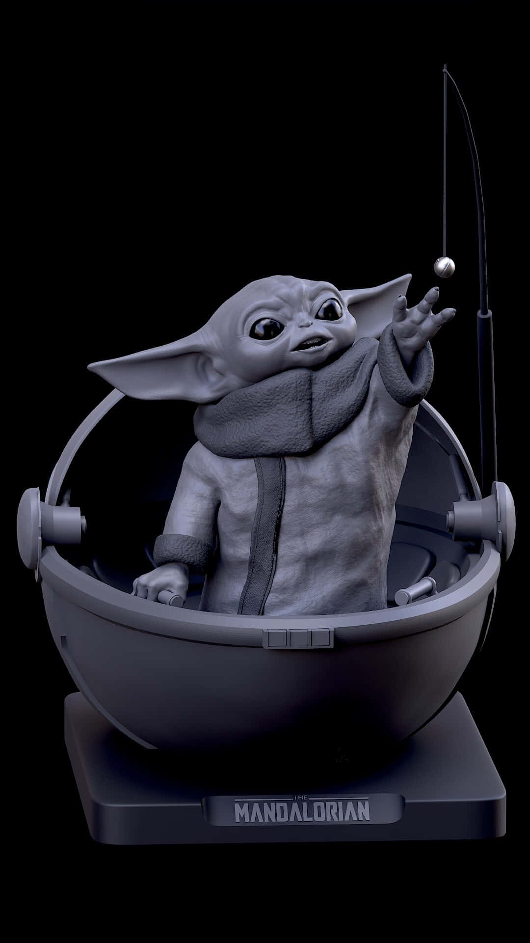 Baby Yoda Aesthetic 桌布 壁紙 — 一個單色3D渲染的Grogu在漂浮的吊艙中伸手去夠一個懸掛的球，背景為黑色。