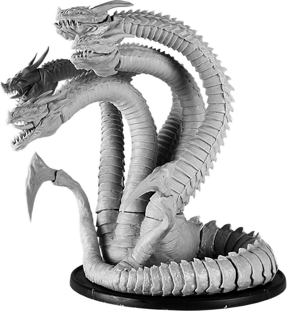 Mythical 桌布 壁紙 — 一個單色3D渲染的多頭龍雕像，帶有詳細的鱗片和鋒利的牙齒，盤繞在底座上。