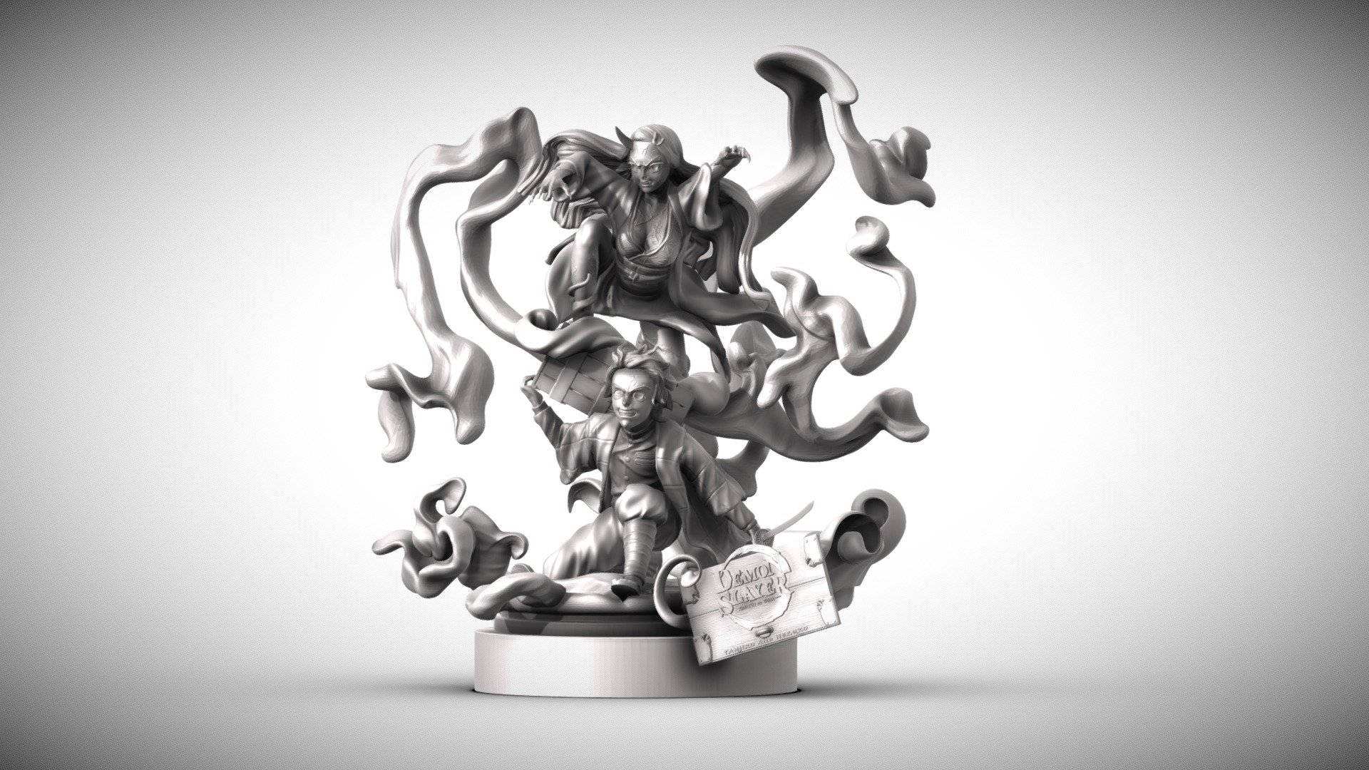 Demon Slayer Black And White 桌布 壁紙 — 一個單色3D渲染的奇幻公仔，描繪一位巫師與一條龍在漸變背景前纏繞於旋轉煙霧中。