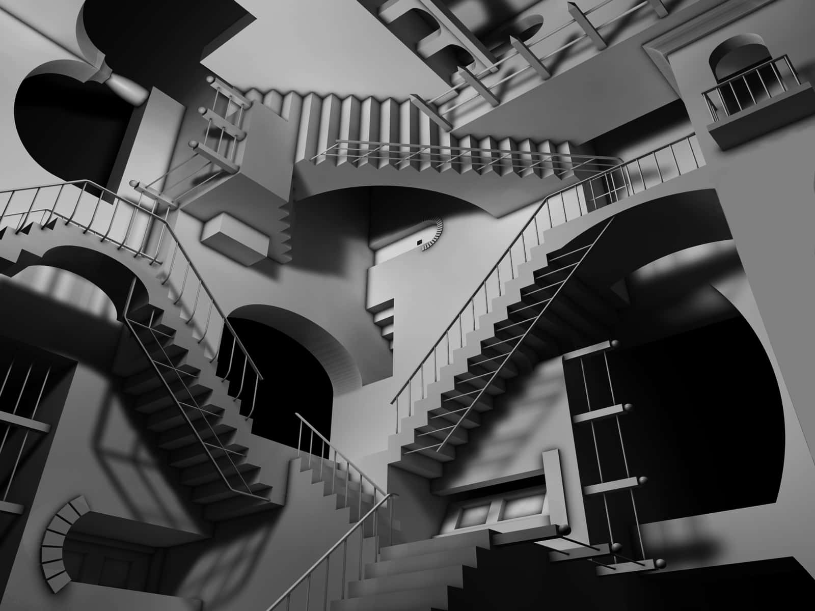 stairs 桌布 壁紙 — 一個單色3D渲染的建築迷宮，由交錯的樓梯和拱門組成，創造出超現實的不可能結構。