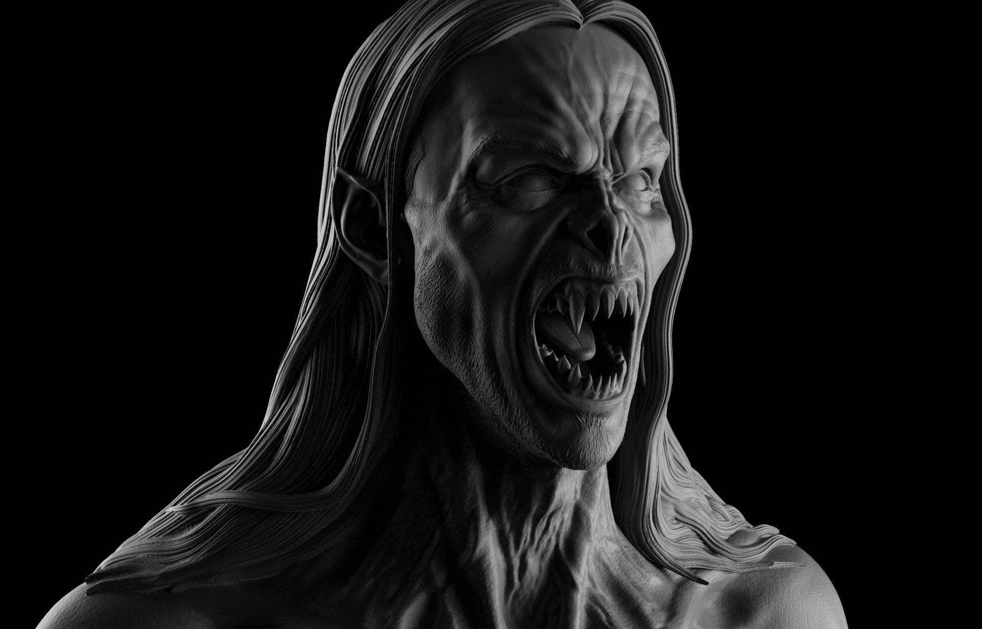 魔比斯 桌布 壁紙 — 一個單色3D渲染的惡魔形象，長髮和尖牙，在黑色背景前咆哮。