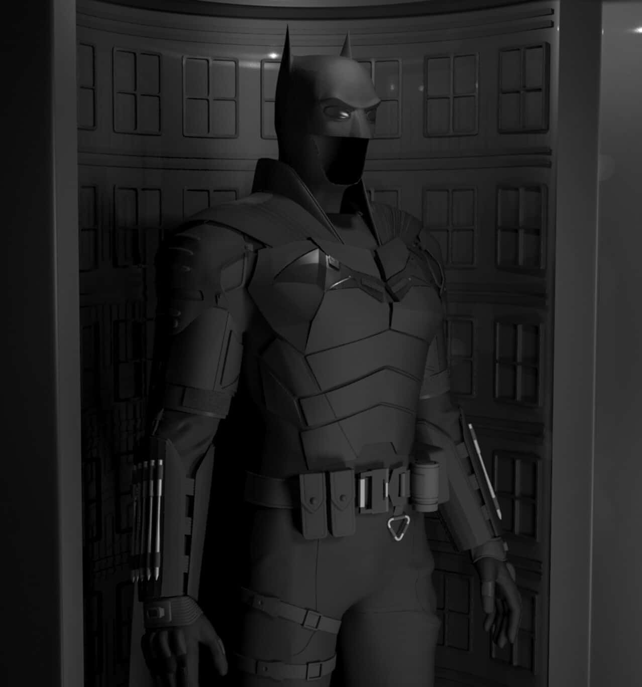 Bat-suit 桌布 壁紙 — 一個單色3D渲染的蝙蝠俠，身穿全副裝甲，站在一個光線昏暗、有窗牆的房間裡。