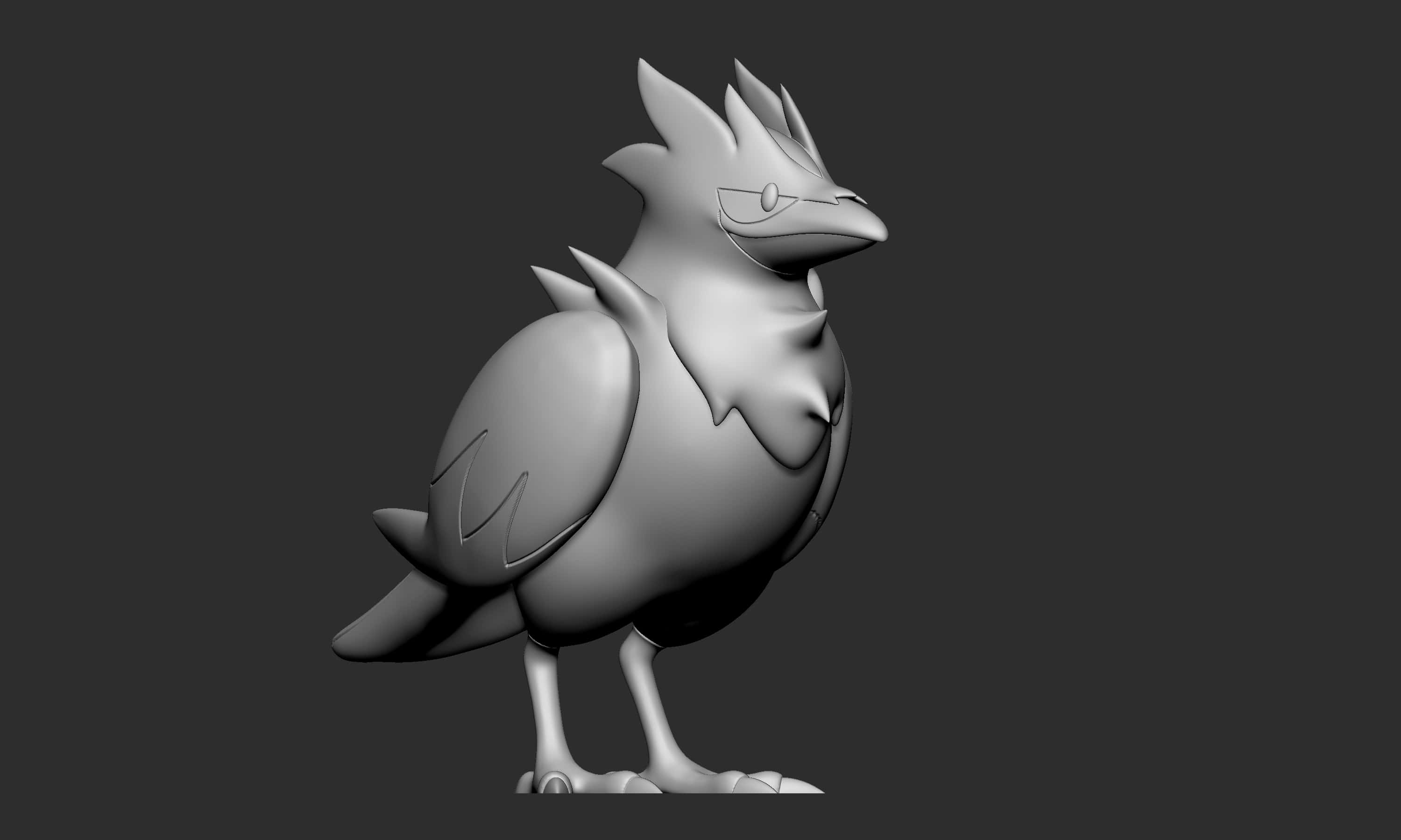 Corvisquire 桌布 壁紙 — 一個單色3D渲染的雕塑，描繪一隻風格化的鳥類生物，帶有尖刺冠和鋒利的喙。