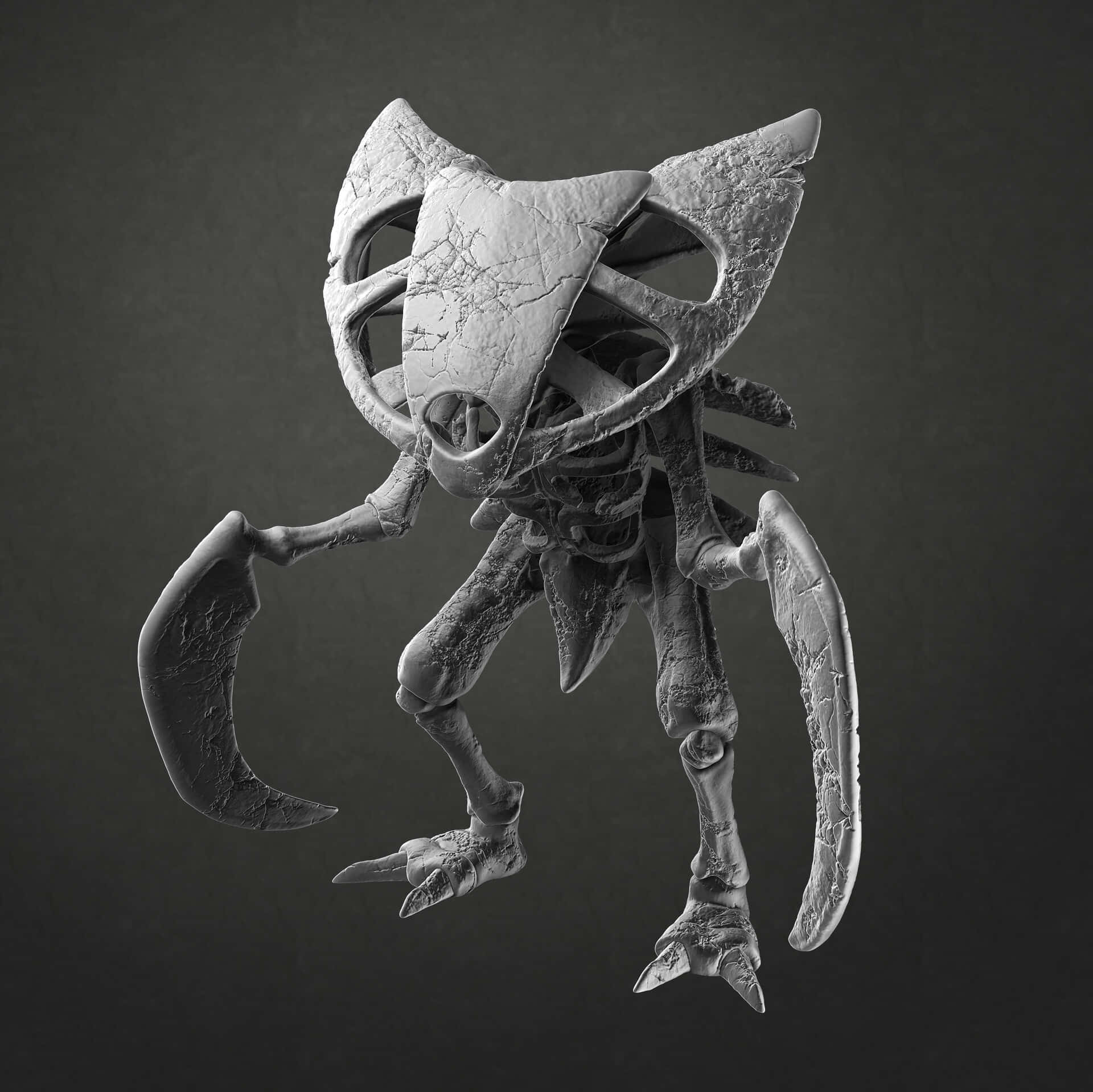 黑白 桌布 壁紙 — 一個單色3D渲染的骷髏生物，帶有裂紋裝甲和彎曲爪子，站在深色漸變背景前。