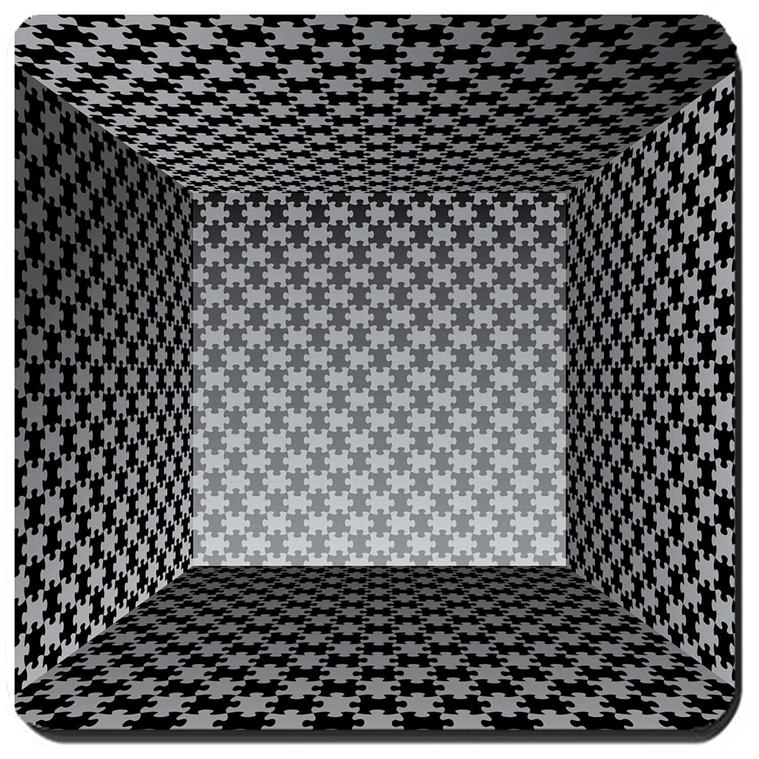 Puzzle 桌布 壁紙 — 一個單色3D錯覺房間，牆壁、地板和天花板覆蓋著重複的拼圖塊圖案，形成無縫的光學錯覺。