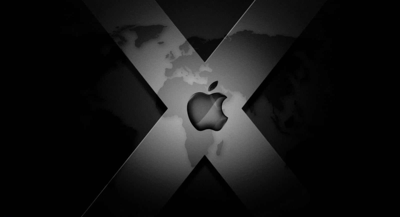 Mac 桌布 壁紙 — 一個單色Apple標誌置中於發光的X內，位於世界地圖剪影之上。