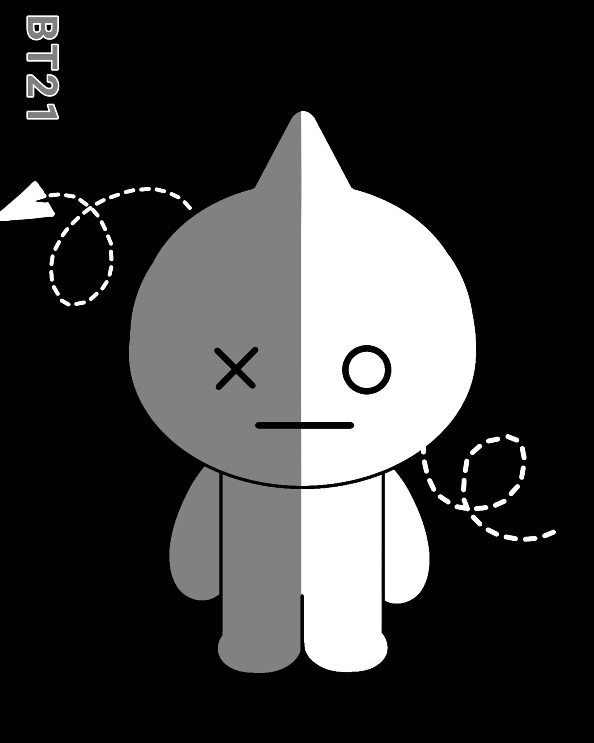 van bt21 桌布 壁紙 — 一個單色BT21角色從中間分開，一邊灰色一邊白色，背景為黑色。