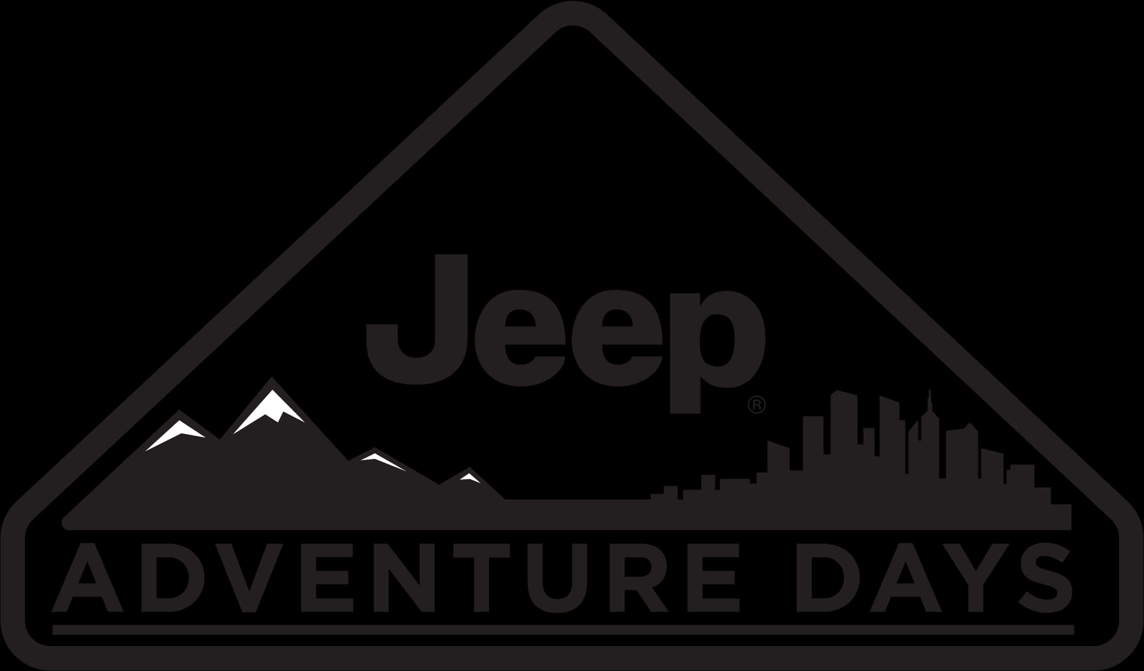 吉普 桌布 壁紙 — 一個單色三角形標誌，包含Jeep Adventure Days字樣及山脈與城市天際線剪影。