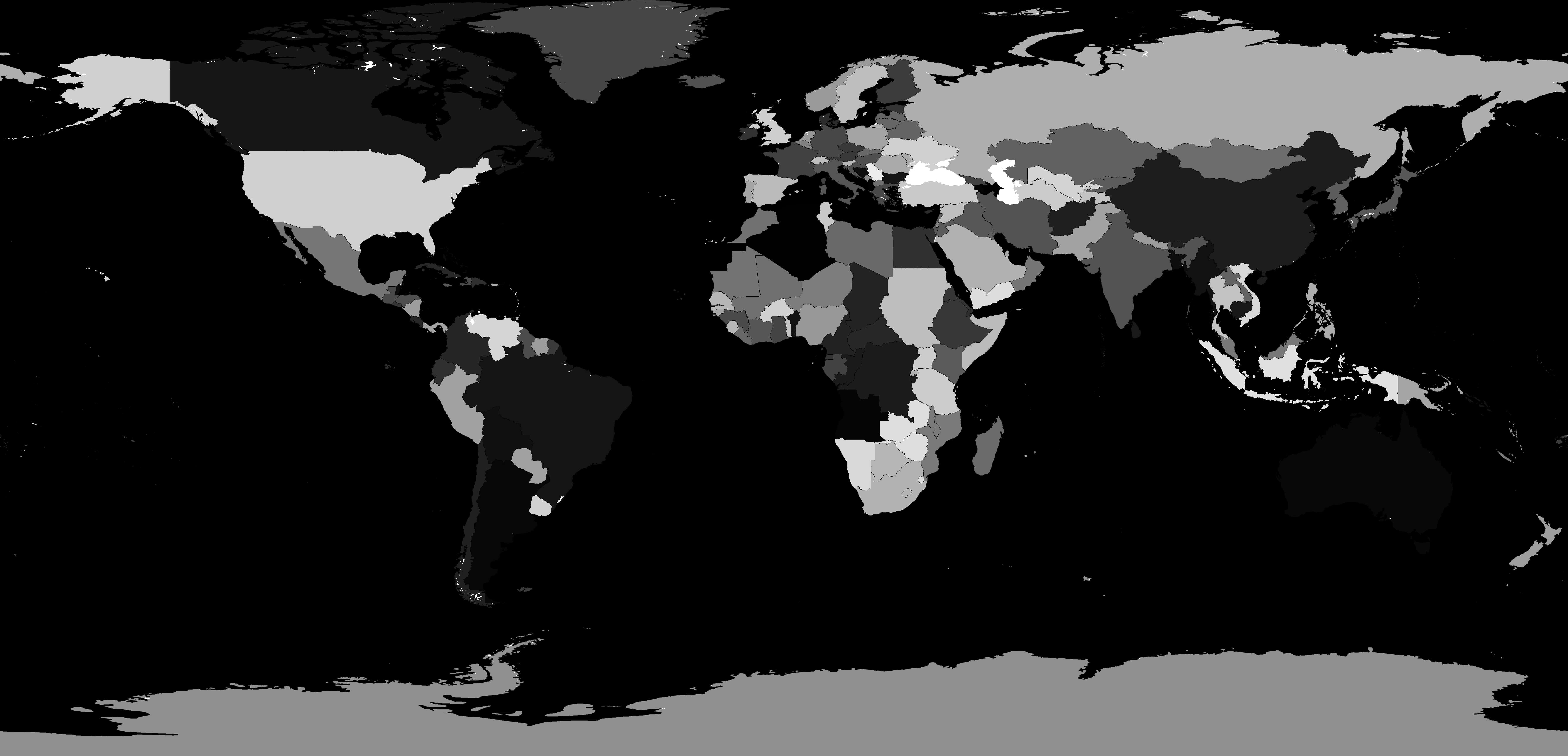 Map 桌布 壁紙 — 一個單色世界地圖，大陸以不同灰色陰影呈現，背景為黑色。