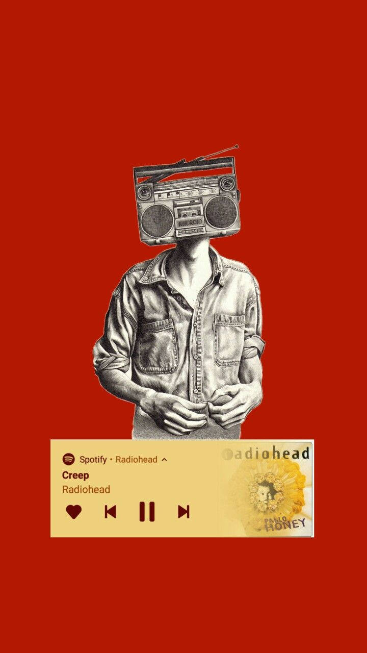 band 桌布 壁紙 — 一個單色人物，頭部是一個手提音箱，站在大膽的紅色背景前，疊加了Radiohead的Creep的Spotify播放器。