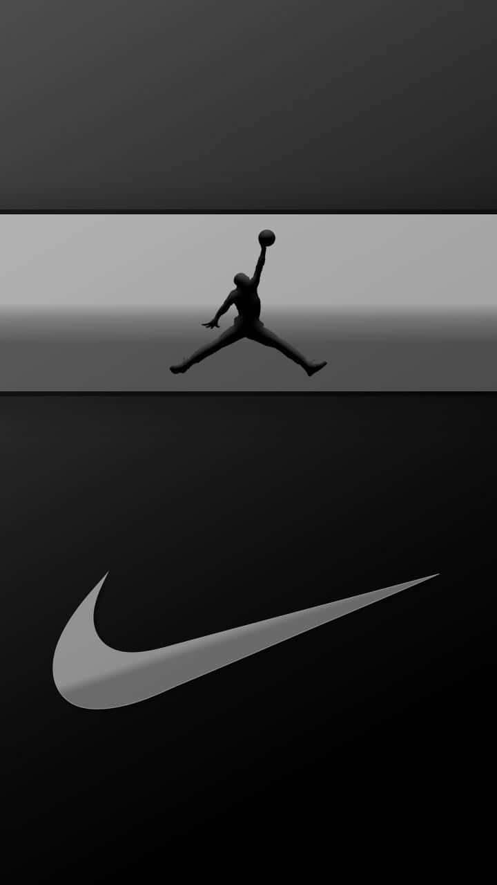 鞋子 桌布 壁紙 — 一個單色剪影，展示一名籃球運動員在漸變背景上於Nike勾勾標誌上方空中灌籃。