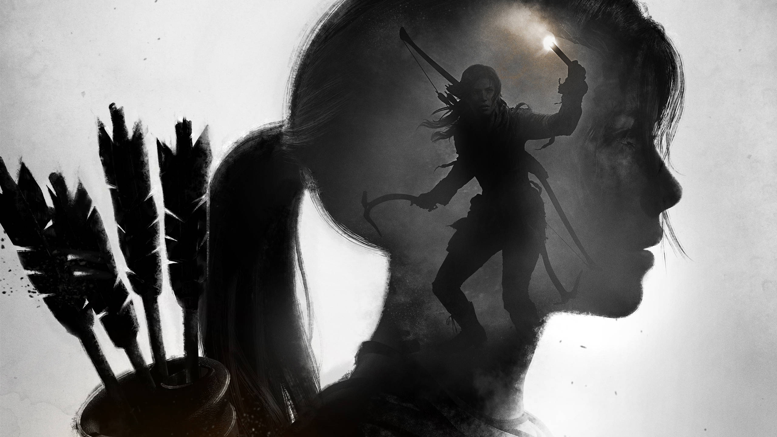 電玩遊戲 桌布 壁紙 — 一個單色剪影，描繪一位持弓搭箭的女戰士，疊加在她的側面輪廓上，旁邊還有一筒箭。