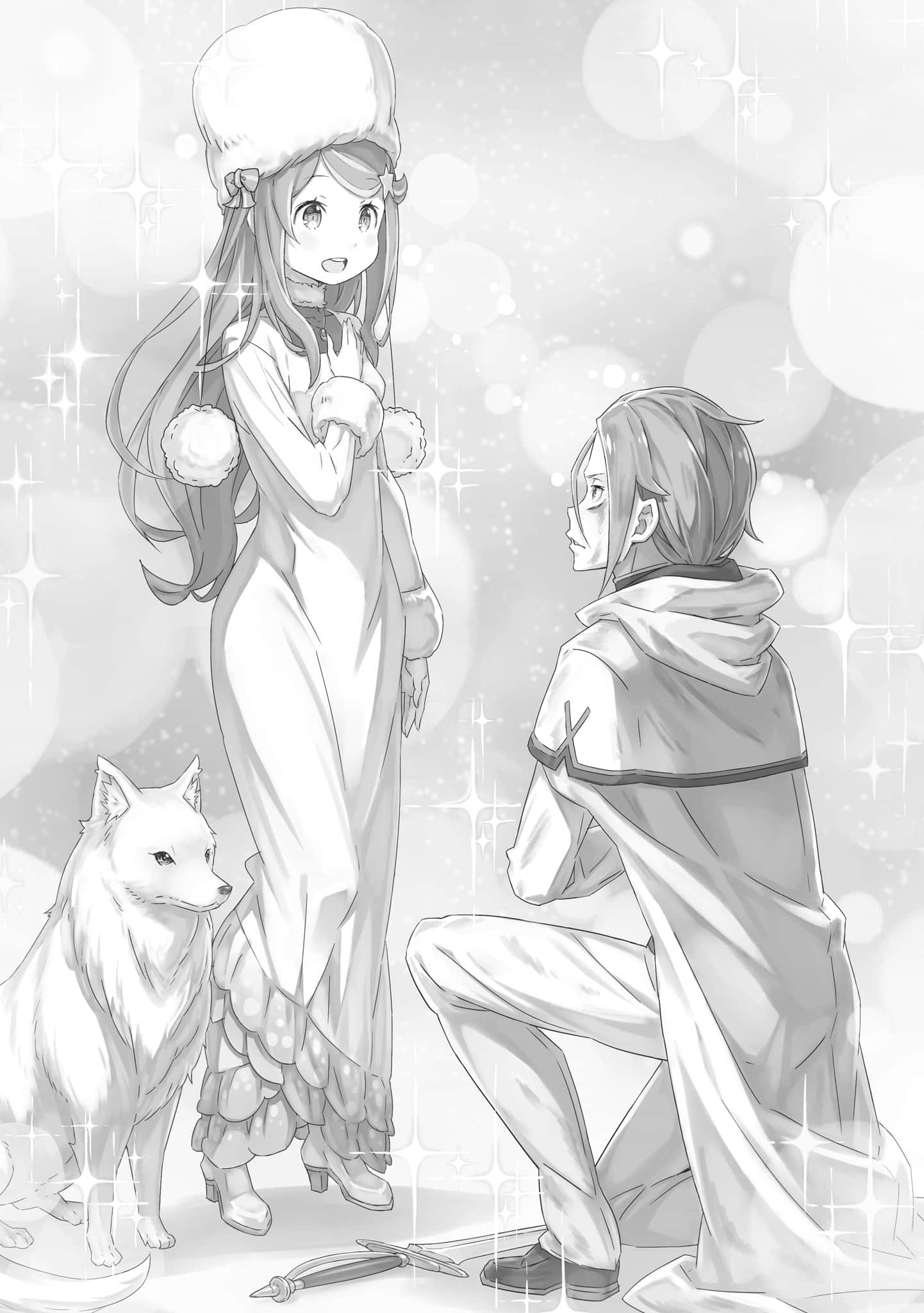 Anastasia Hoshin 桌布 壁紙 — 一個單色動漫場景，一個跪著的男孩面對一個穿著冬季服裝的站著女孩，旁邊有一隻狐狸，閃爍的散景背景。