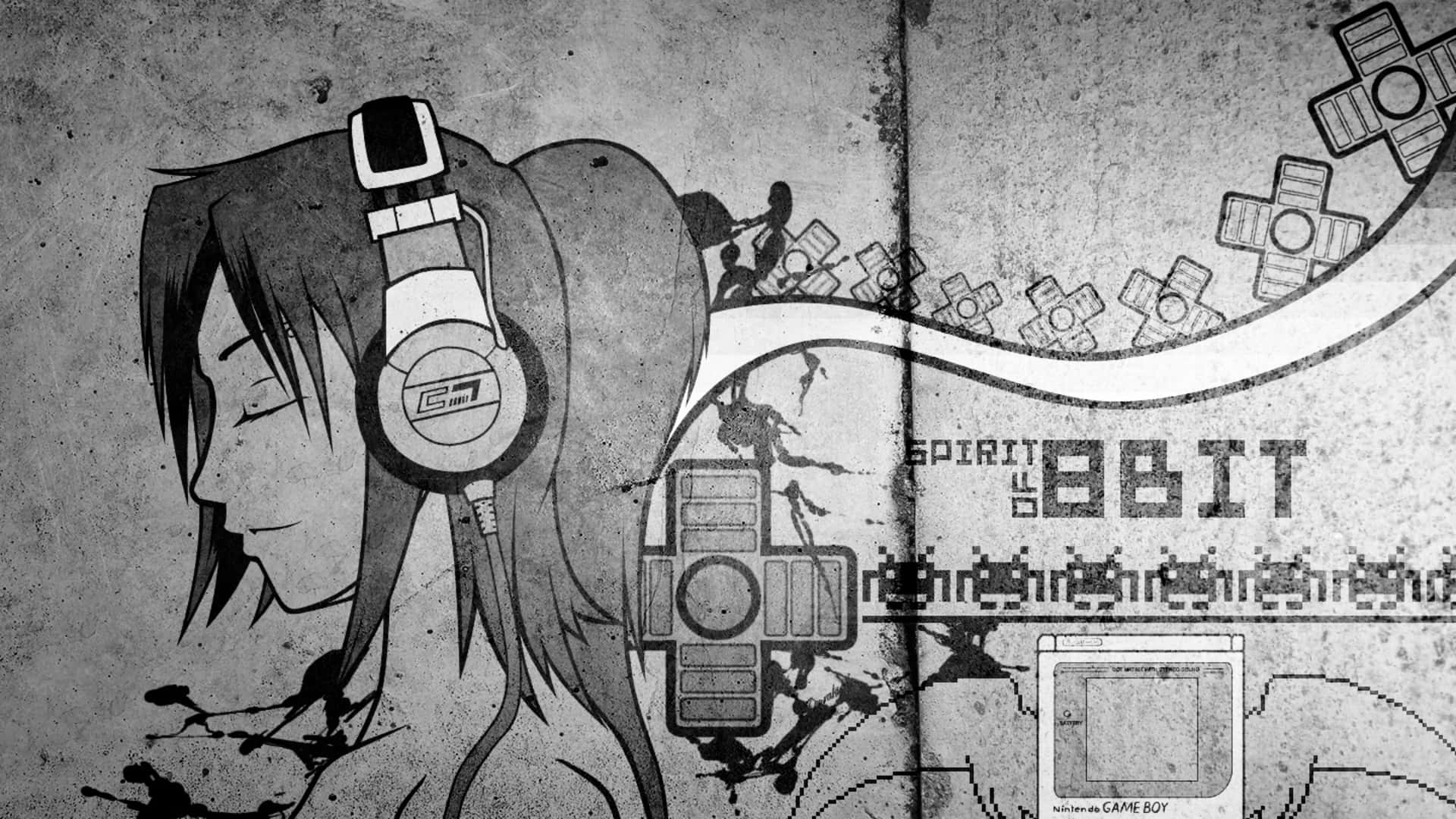 Black And White Graffiti 桌布 壁紙 — 一個單色動漫女孩，戴著耳機和遊戲控制器圖案，在粗糙的紋理背景上流動。