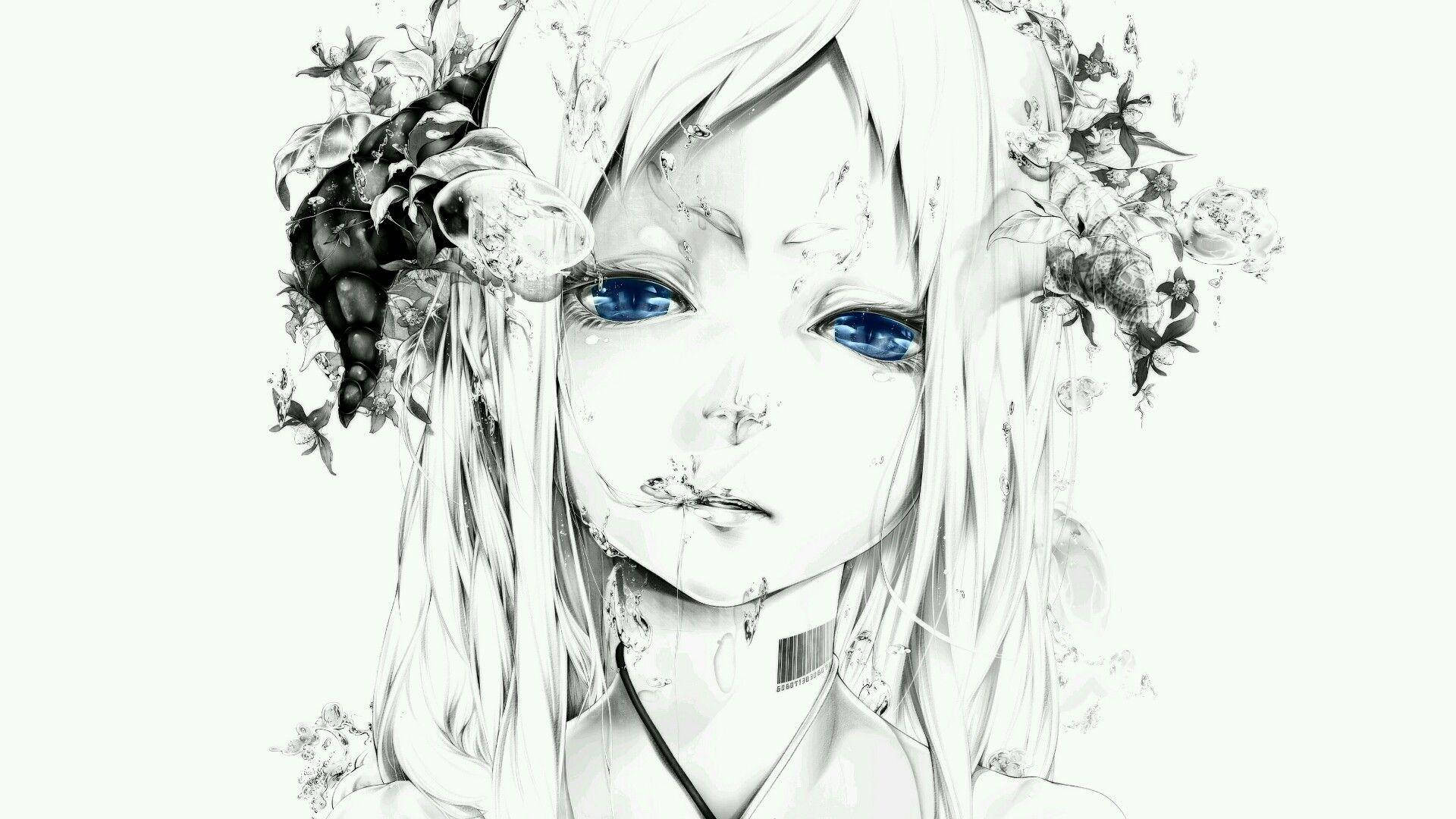 Black And White Anime 桌布 壁紙 — 一個單色動漫女孩，擁有引人注目的藍色眼睛，頭部和臉部有花卉裝飾。
