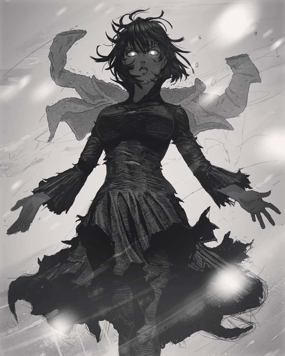 Hellish Blizzard 桌布 壁紙 — 一個單色動漫女孩，眼睛發光，穿著破爛的連衣裙，站在風暴般混亂的場景中，帶有動態運動線條。