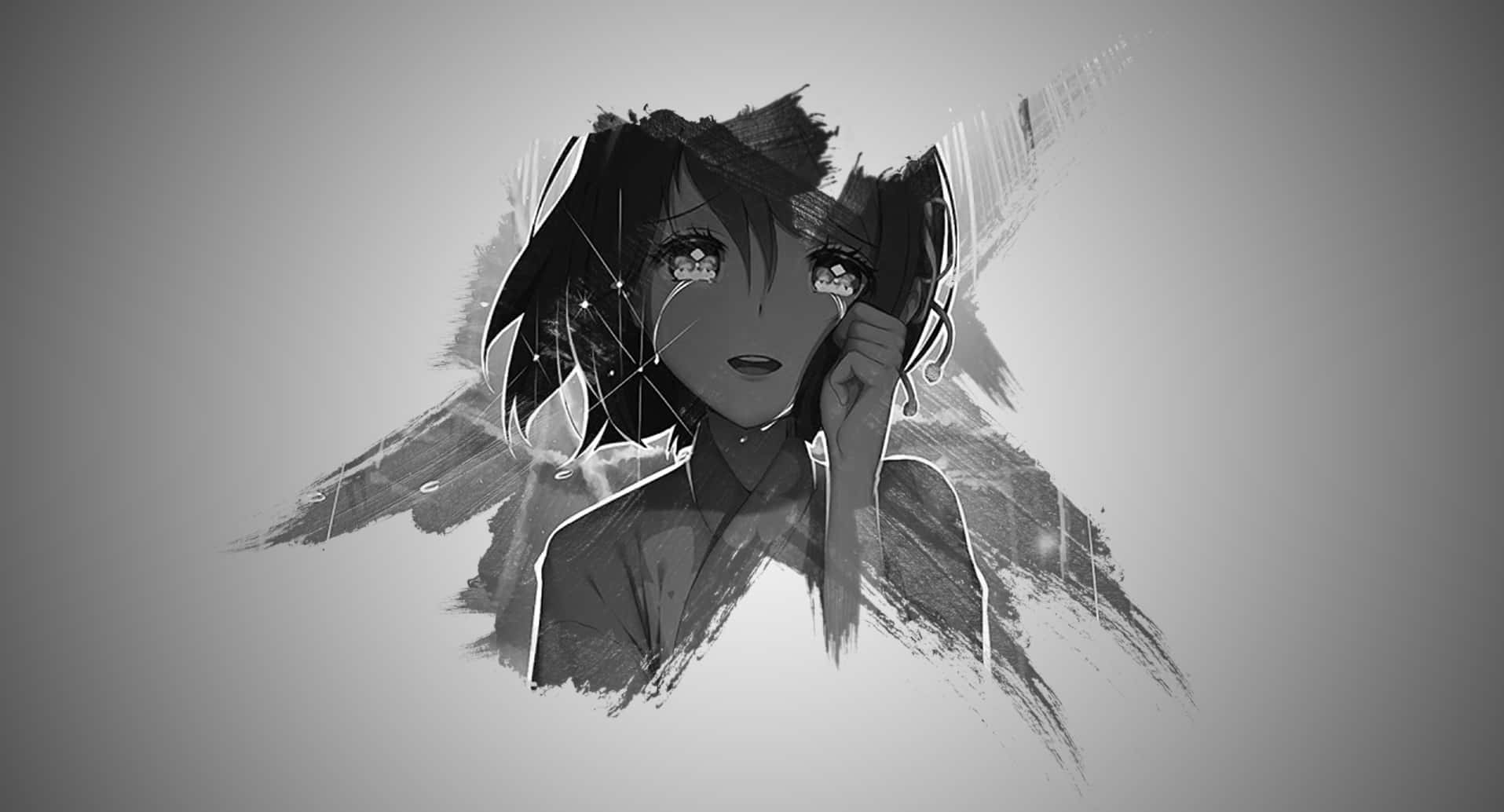 anime girl crying 桌布 壁紙 — 一個單色動漫女孩，眼睛發光，頭部周圍有動態的筆觸效果。