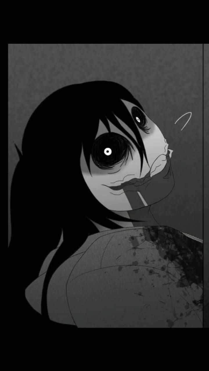 Jeff The Killer 桌布 壁紙 — 一個單色動漫女孩，睜大眼睛，嘴巴被塞住，在紋理灰色背景前恐懼地凝視。