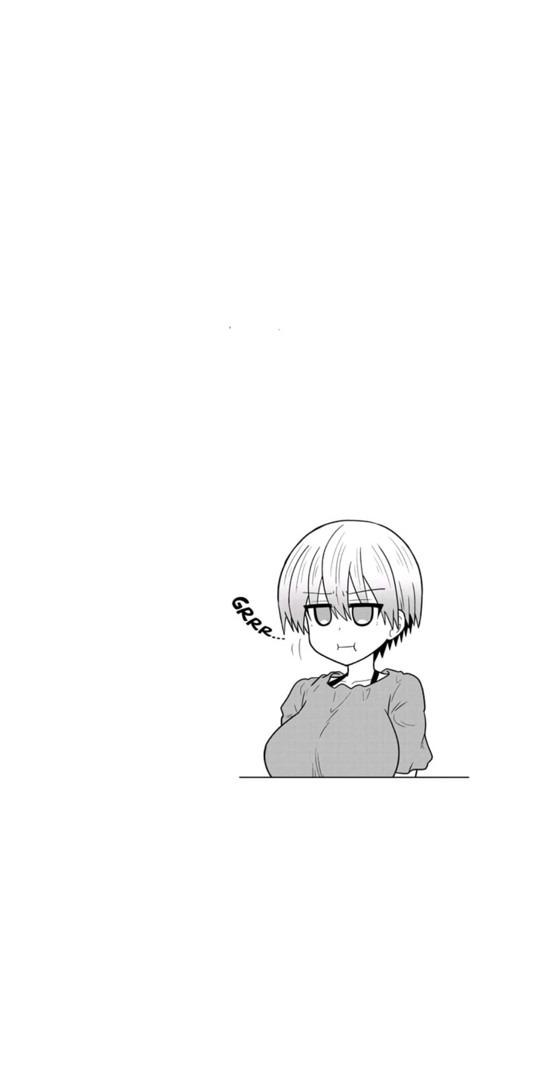 Uzaki Chan 桌布 壁紙 — 一個單色動漫女孩，短髮戴眼鏡，在桌子後面做鬼臉並發出「咕嚕」聲。