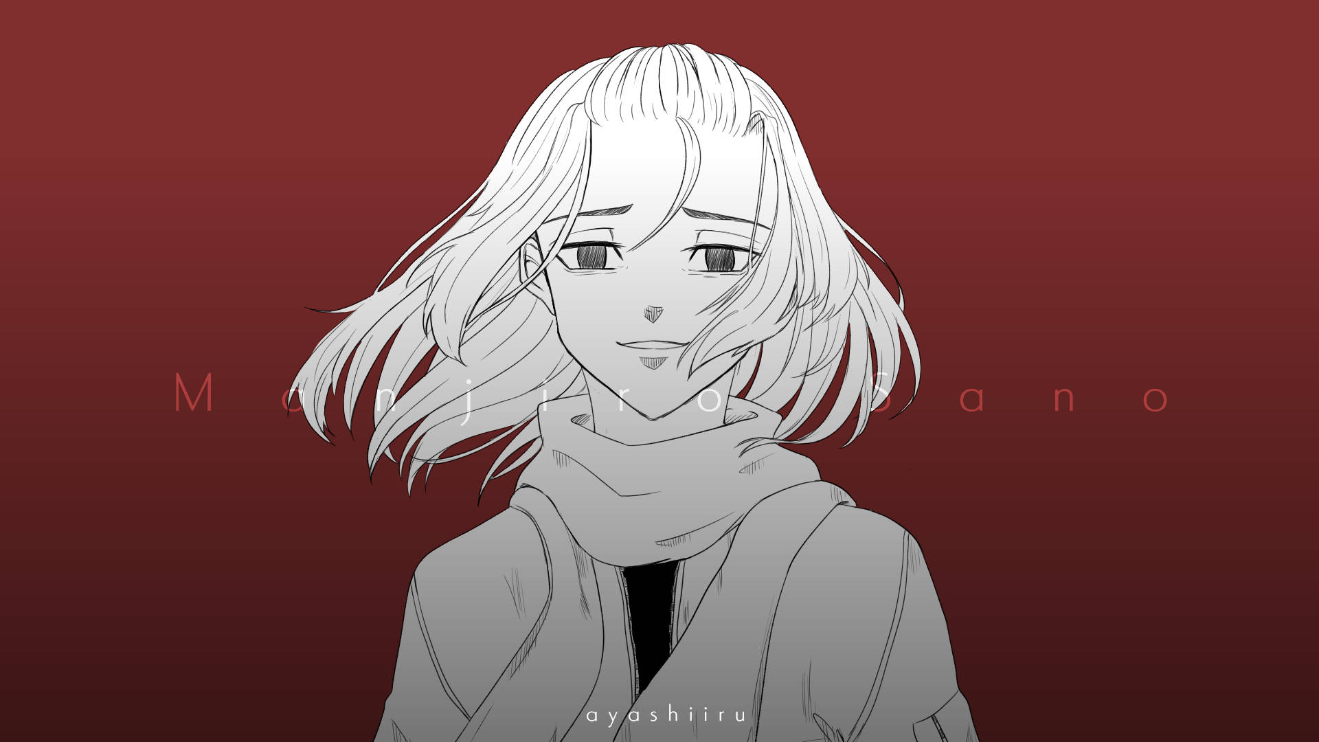 mikey 桌布 壁紙 — 一個單色動漫女孩，短髮戴著圍巾，站在深紅色漸變背景前。
