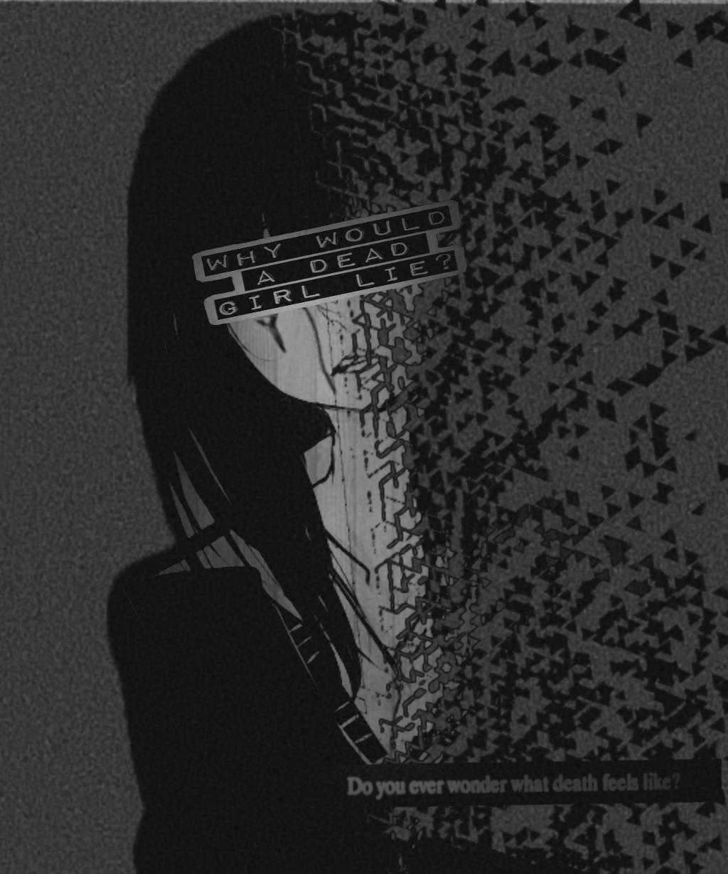 憂鬱少女美學 桌布 壁紙 — 一個單色動漫女孩，臉上浮現出碎片化的三角形圖案，並有文字疊加提出關於死亡的存在的問題。