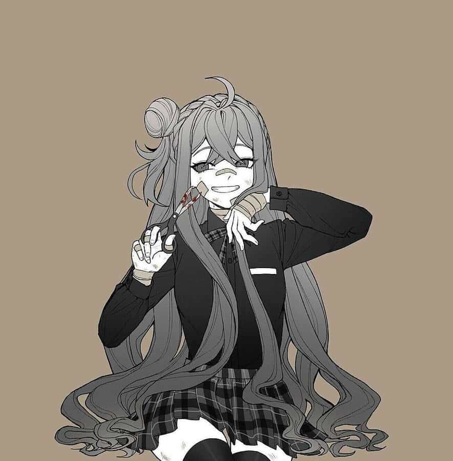 Psycho Anime Girl 桌布 壁紙 — 一個單色動漫女孩，長著灰色長髮，手持血淋淋的刀，坐在米色背景前微笑。