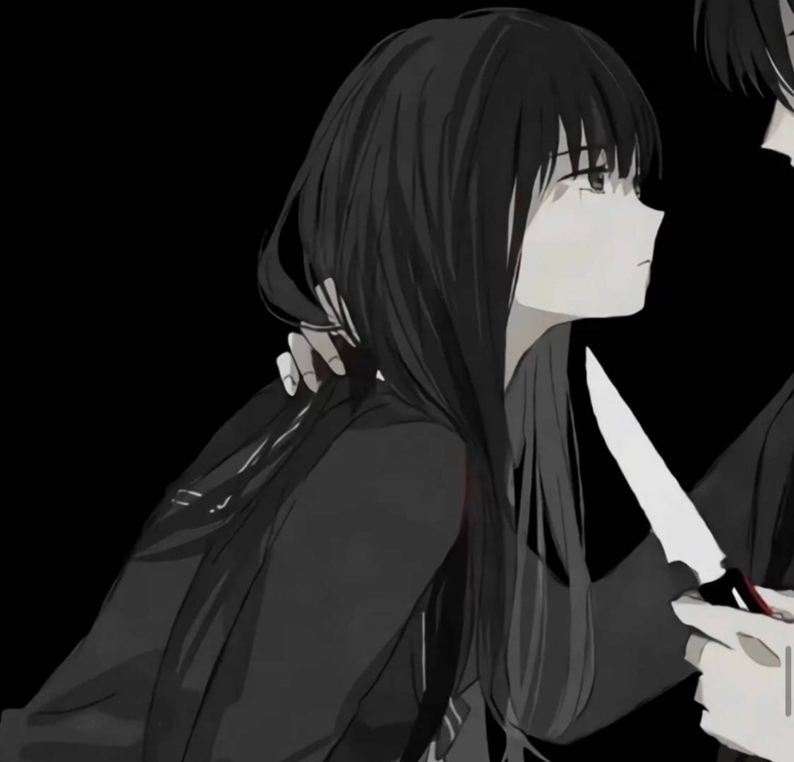 Edgy 桌布 壁紙 — 一個單色動漫女孩，長長的黑髮，側視著，另一個人影拿著刀靠近她的肩膀，背景是黑色。