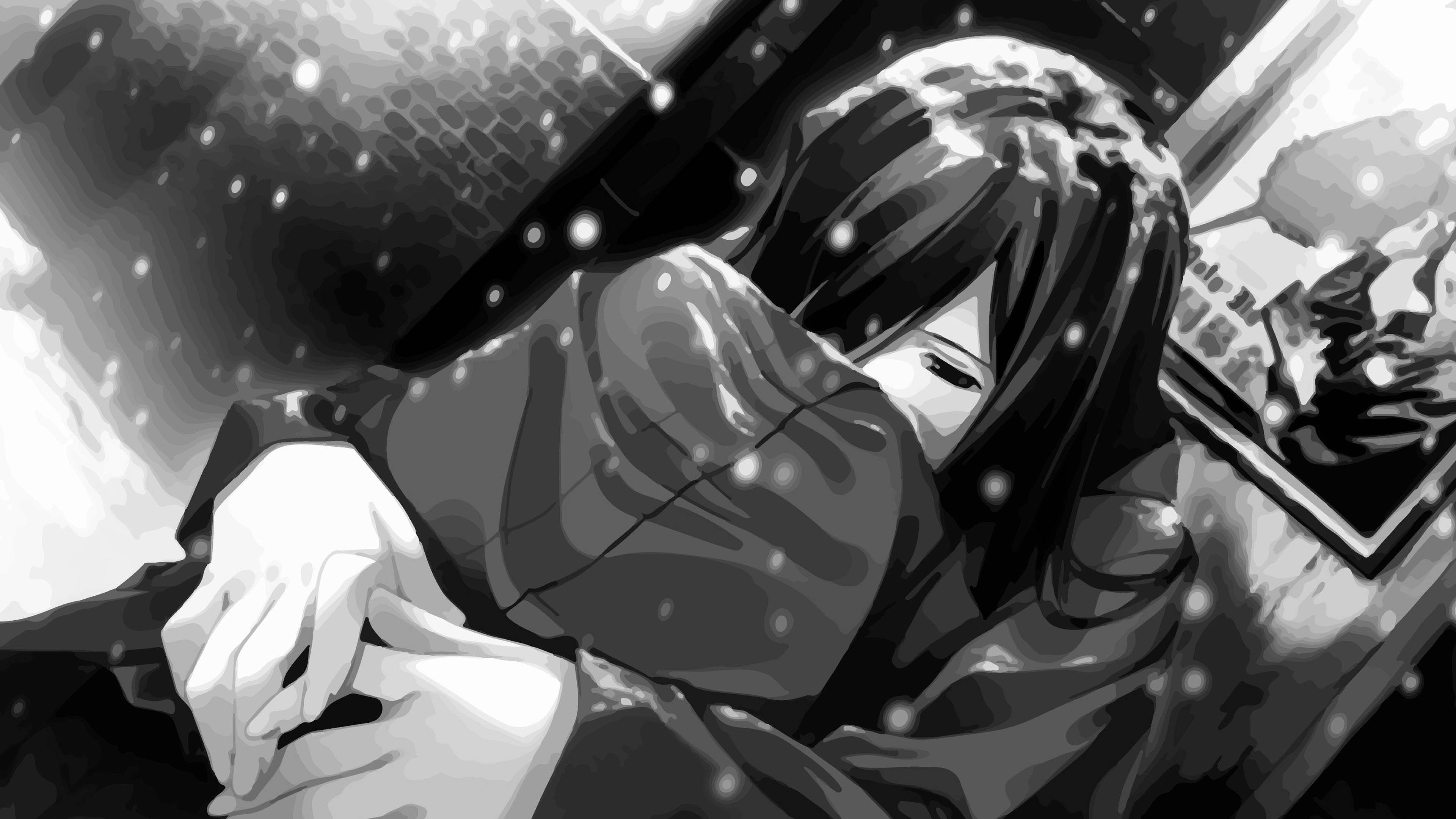 4K 桌布 壁紙 — 一個單色動漫女孩，長長的黑髮，在昏暗的城市環境中，雪花飄落，她緊緊地抱住自己。
