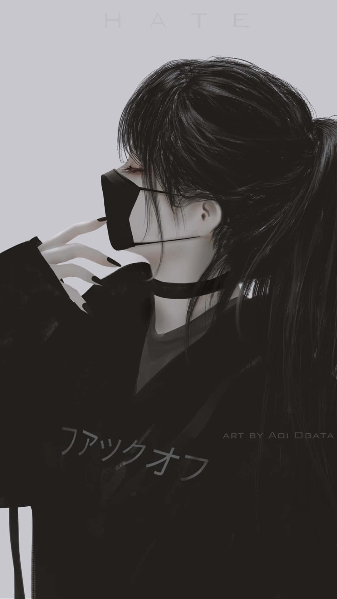 桌布 壁紙 — 一個單色動漫女孩，長長的黑髮，戴著口罩，戴著手套的手靠近下巴，側視著。
