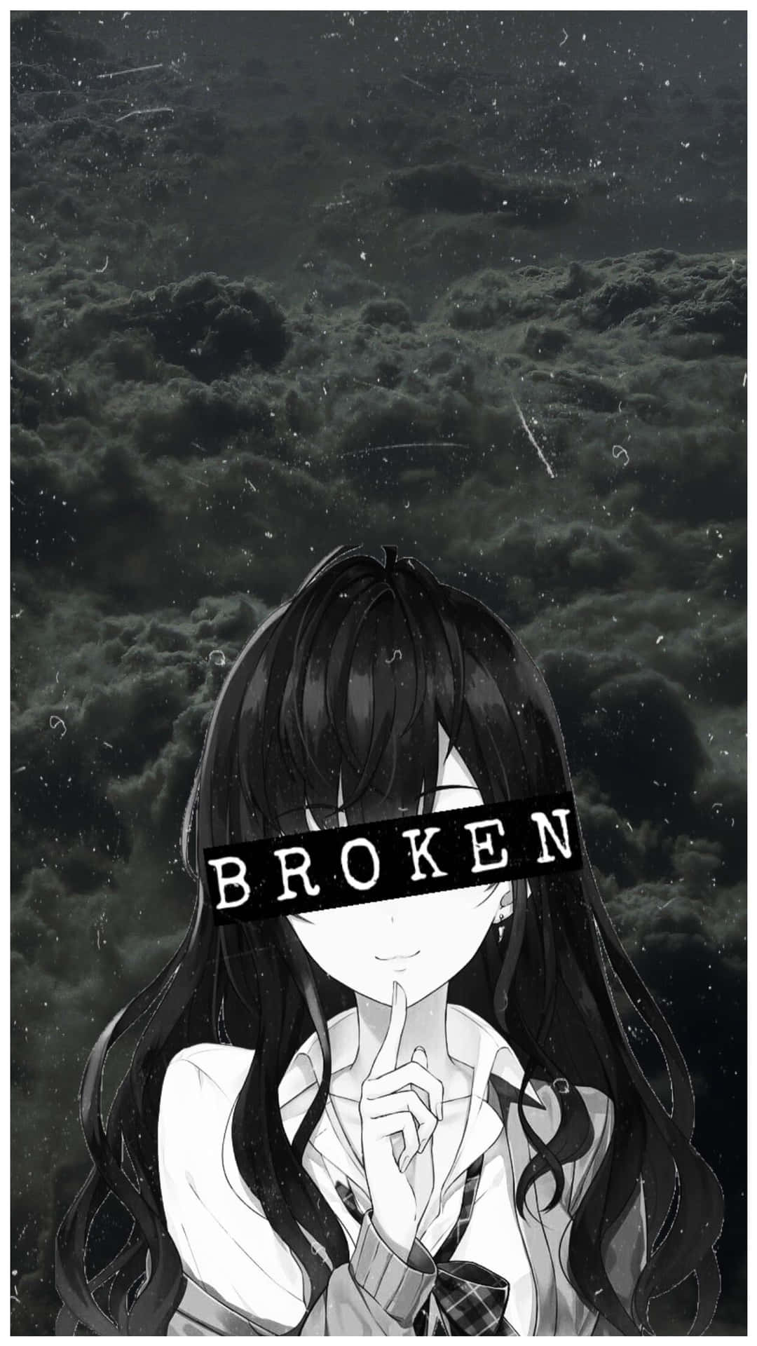 動漫女孩在暴風雨天空下，手指放在唇邊，被「BROKEN」文字遮住 — 憂鬱動漫女孩 GIF 壁紙
