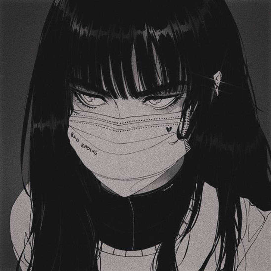 Bad Girl Anime 桌布 壁紙 — 一個單色動漫女孩，長長的黑髮，透過印有 'BAD ENDING' 和心形的面罩凝視著。
