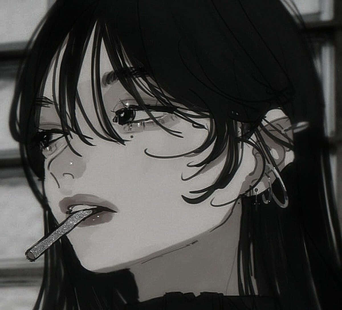 Baddie Pfp 桌布 壁紙 — 一個單色動漫女孩，長長的黑髮和多個穿環，帶著憂鬱的眼神抽煙。