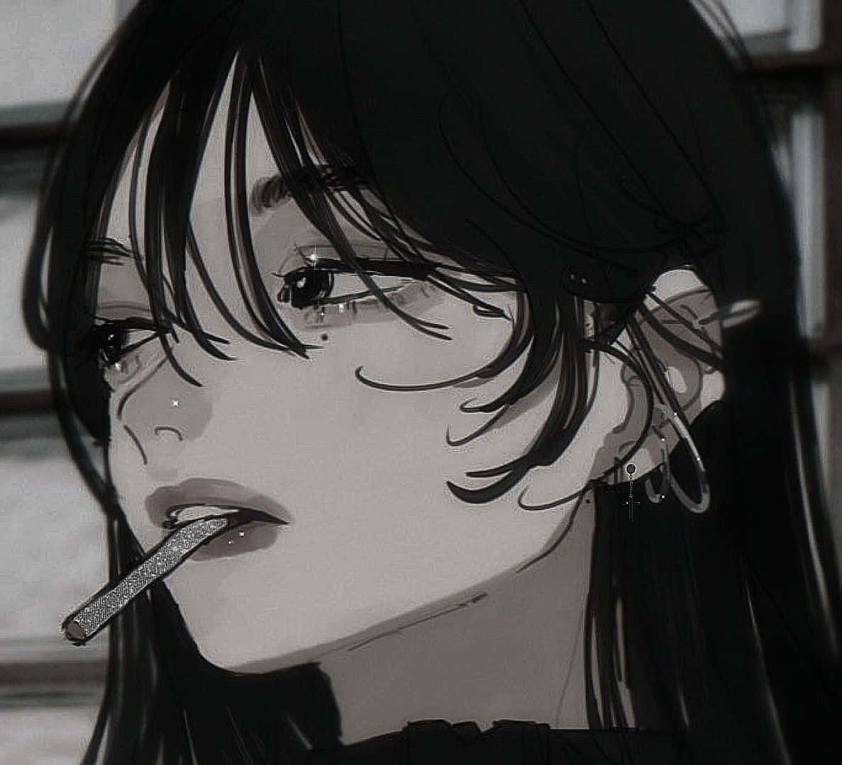 動漫女孩 桌布 壁紙 — 一個單色動漫女孩，長長的黑髮和穿環，在憂鬱的特寫中抽煙。