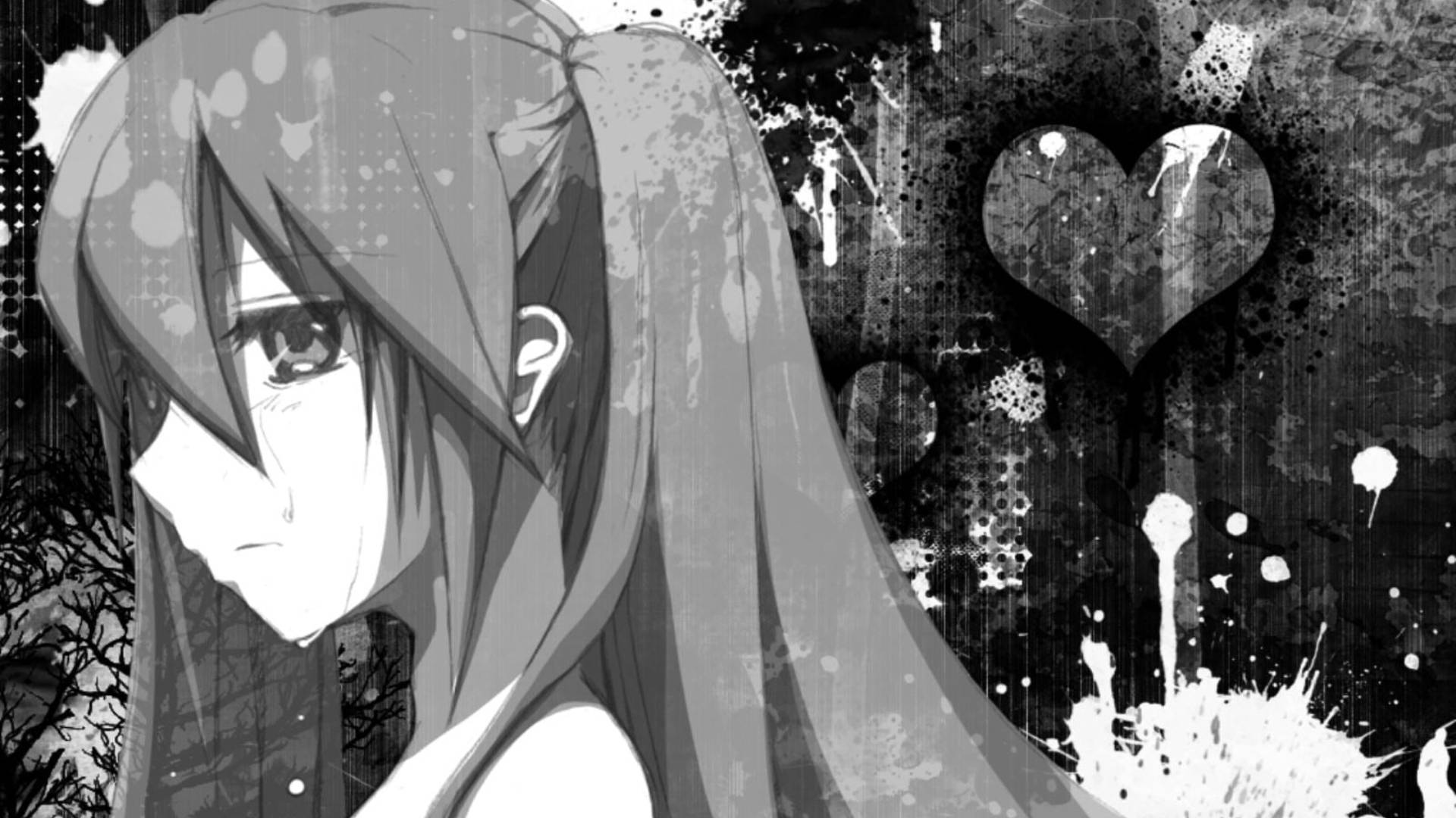 crying anime 桌布 壁紙 — 一個單色動漫女孩，長髮和淚眼，站在一個有污漬和心形圖案的骯髒背景前。