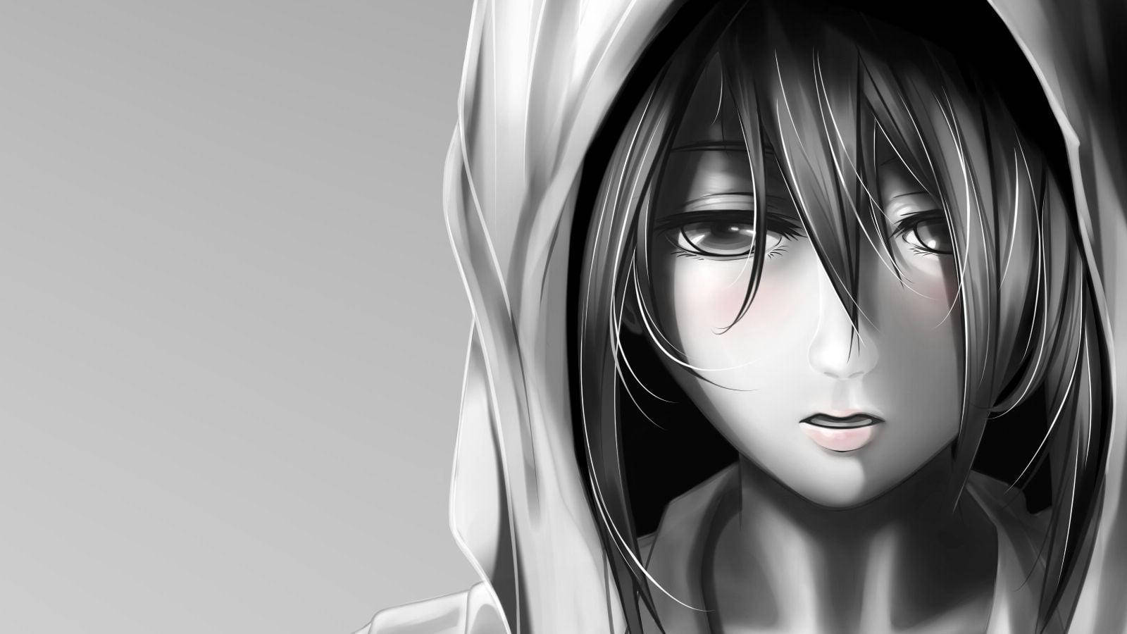 Mikasa 桌布 壁紙 — 一個單色動漫女孩，長髮戴帽，在純色漸變背景前溫柔凝視。