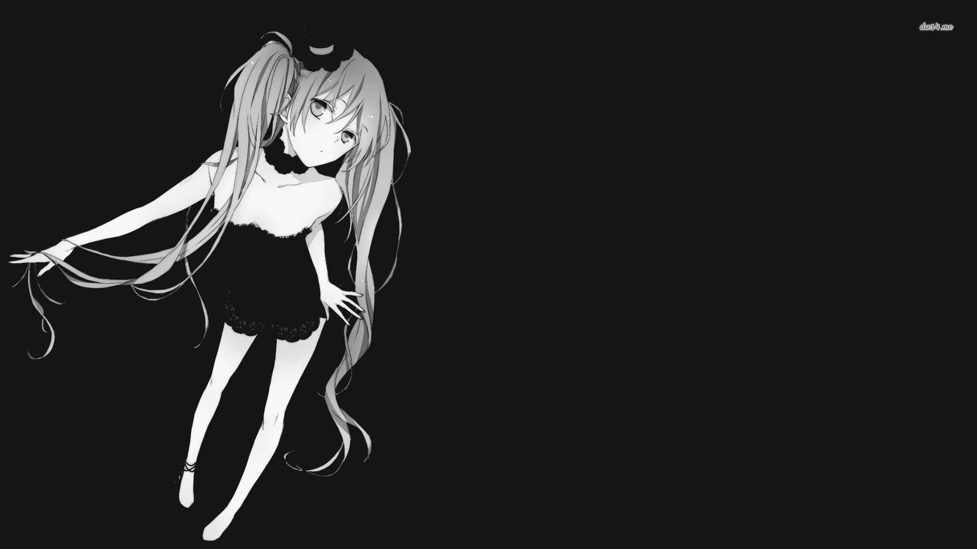 anime black and white 桌布 壁紙 — 一個單色動漫女孩，長髮飄逸，在純黑背景上優雅地漂浮。