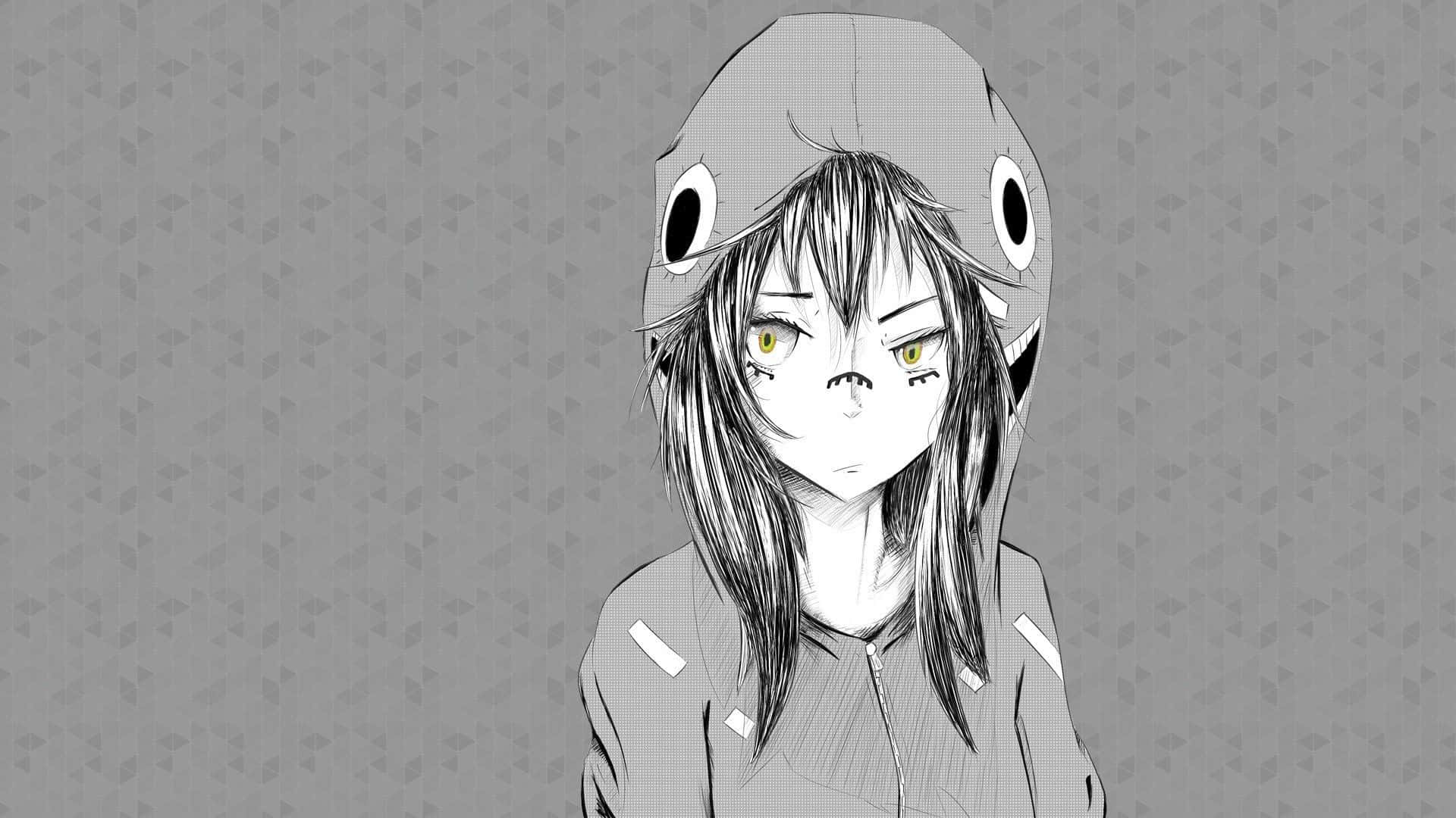 動漫女孩 桌布 壁紙 — 一個單色動漫女孩，黃色眼睛，穿著鯊魚連帽外套，背景是圖案灰色。