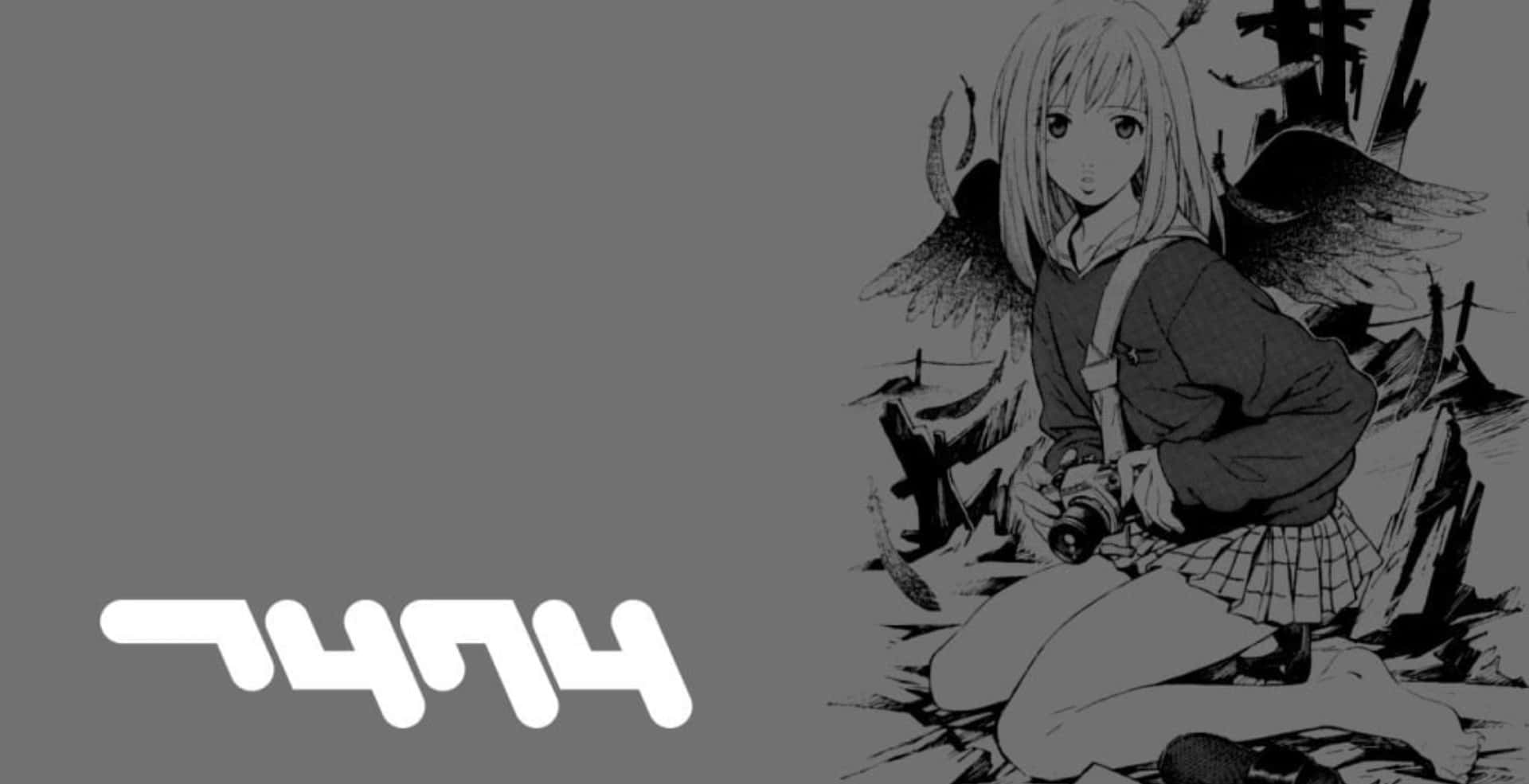 Mamimi Samejima 桌布 壁紙 — 一個單色動漫女孩帶著天使翅膀跪在瓦礫中，手持相機，背景為灰色。
