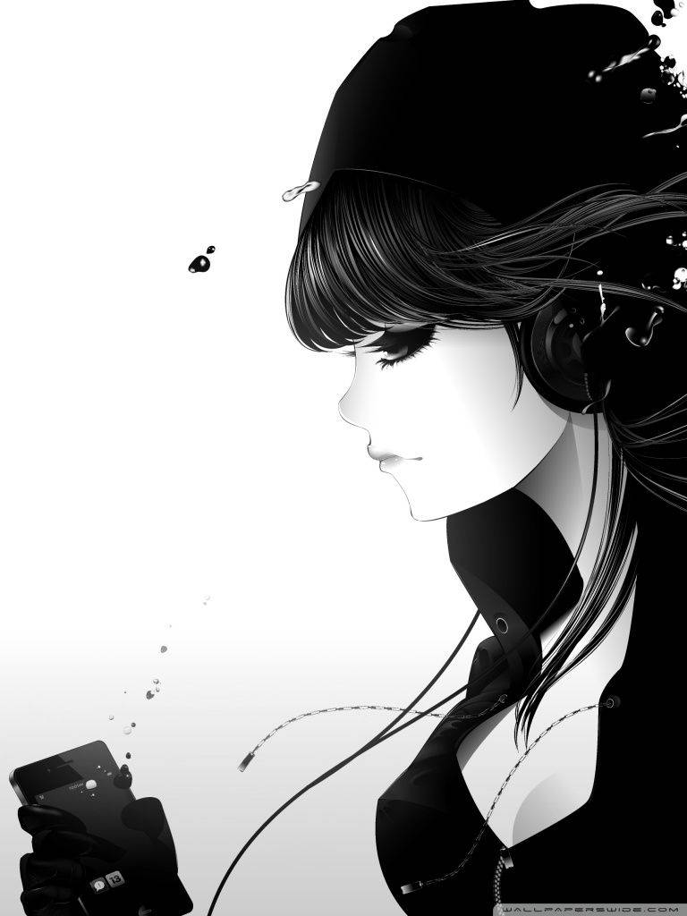 Music Phone 桌布 壁紙 — 一個單色動漫女孩戴著毛帽和耳機，凝視著手機，周圍漂浮著墨水般的滴點。