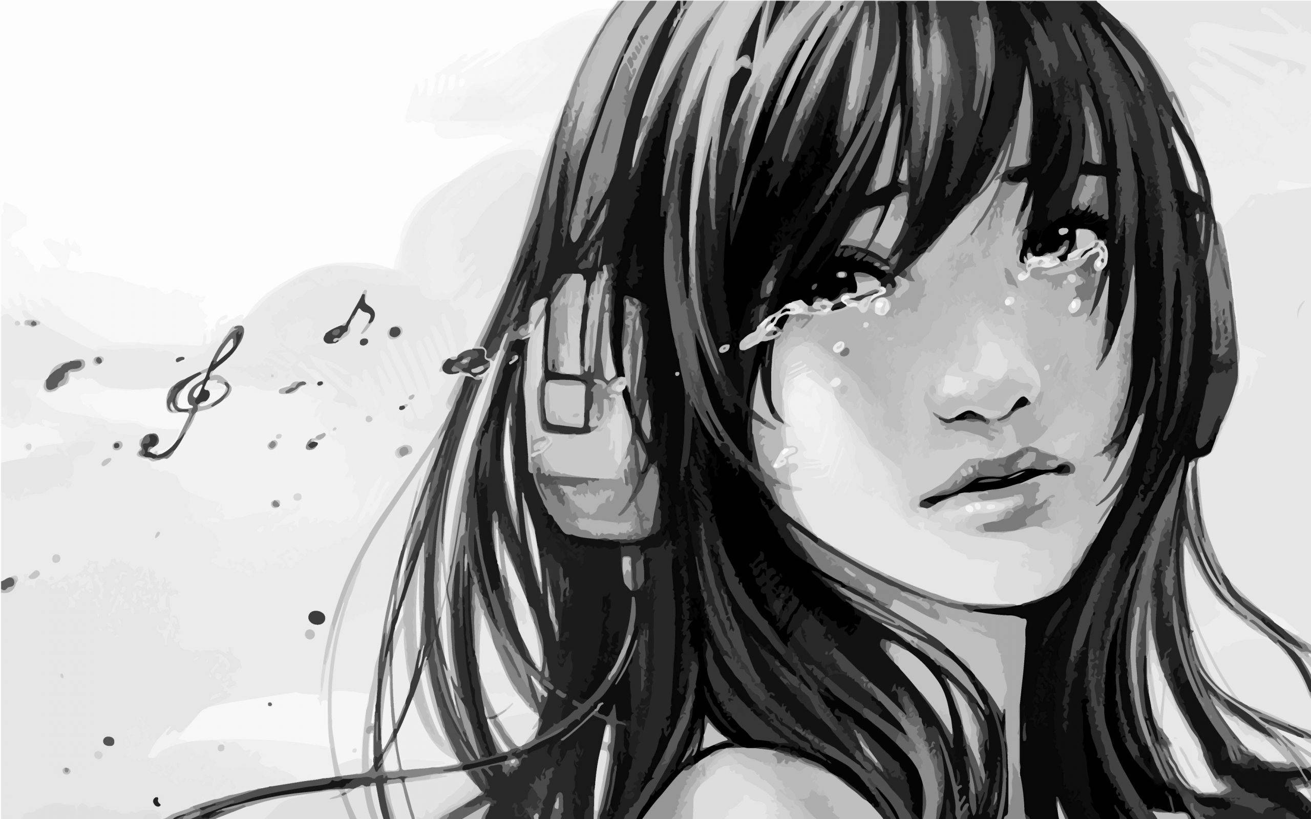 anime girl crying 桌布 壁紙 — 一個單色動漫女孩戴著耳機哭泣，音符在柔和的灰階中漂浮在她周圍。