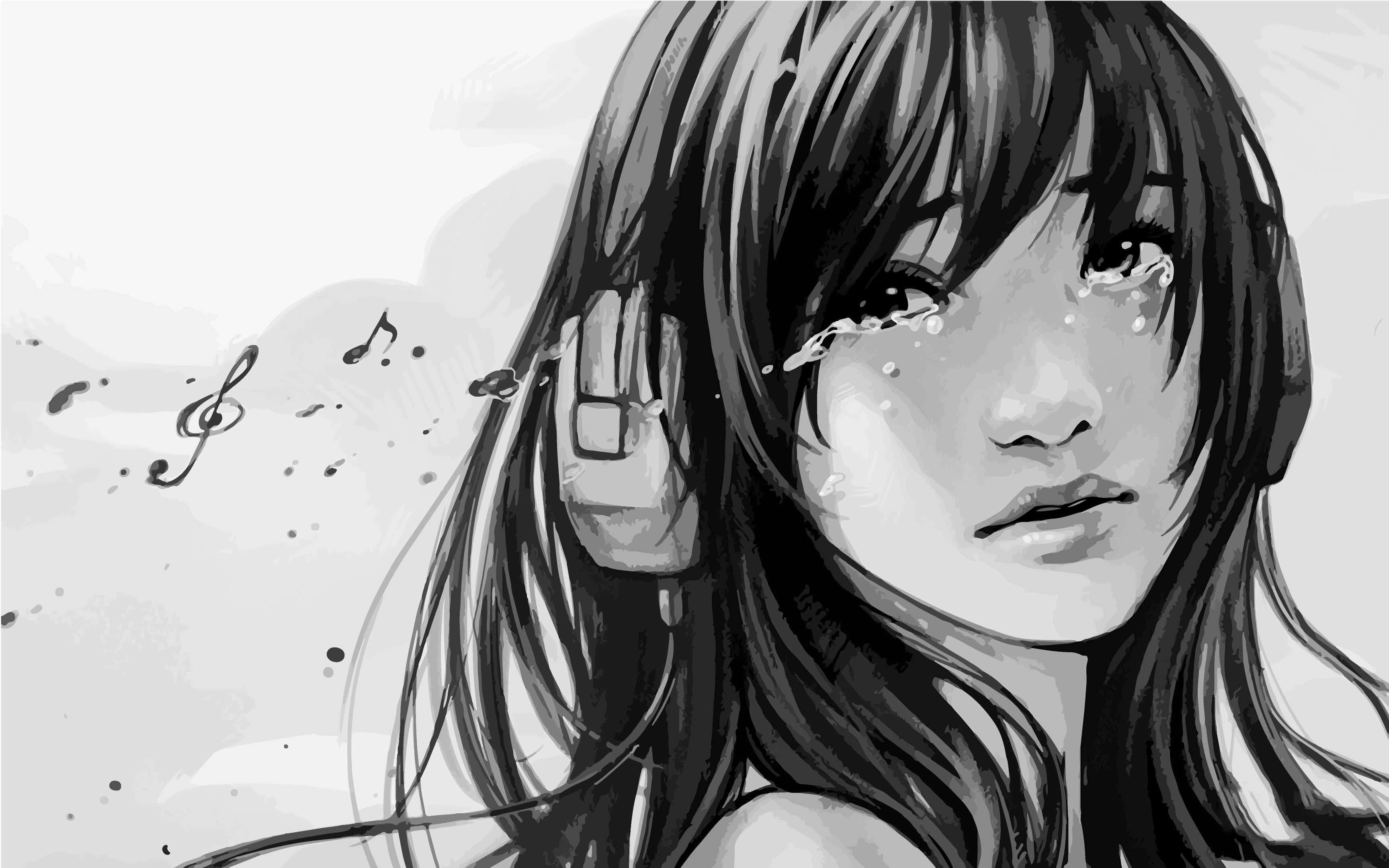 可憐動漫 桌布 壁紙 — 一個單色動漫女孩戴著耳機哭泣，音符在柔和的灰階洗滌中漂浮在她周圍。